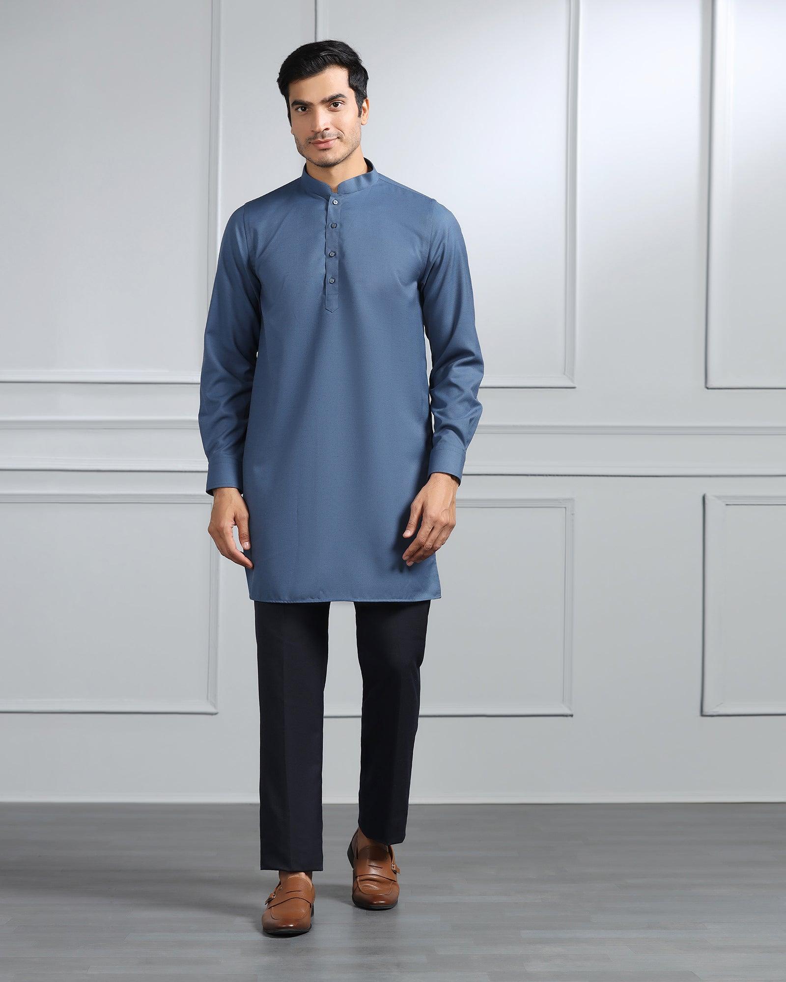 Linen Swarn Three Piece Blue Solid Achkan Set - Anok - Blackberrys