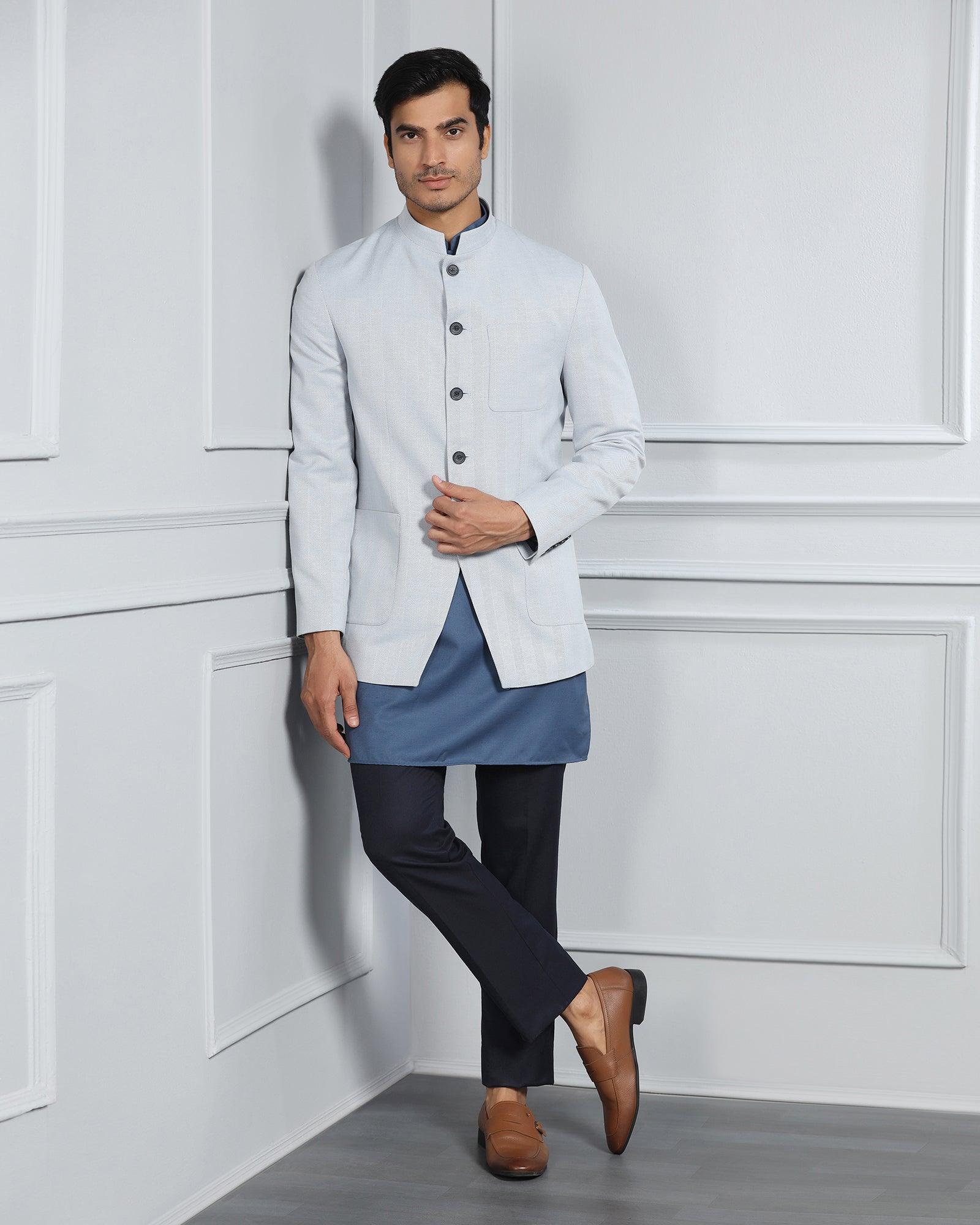 Linen Swarn Three Piece Blue Solid Achkan Set - Anok - Blackberrys