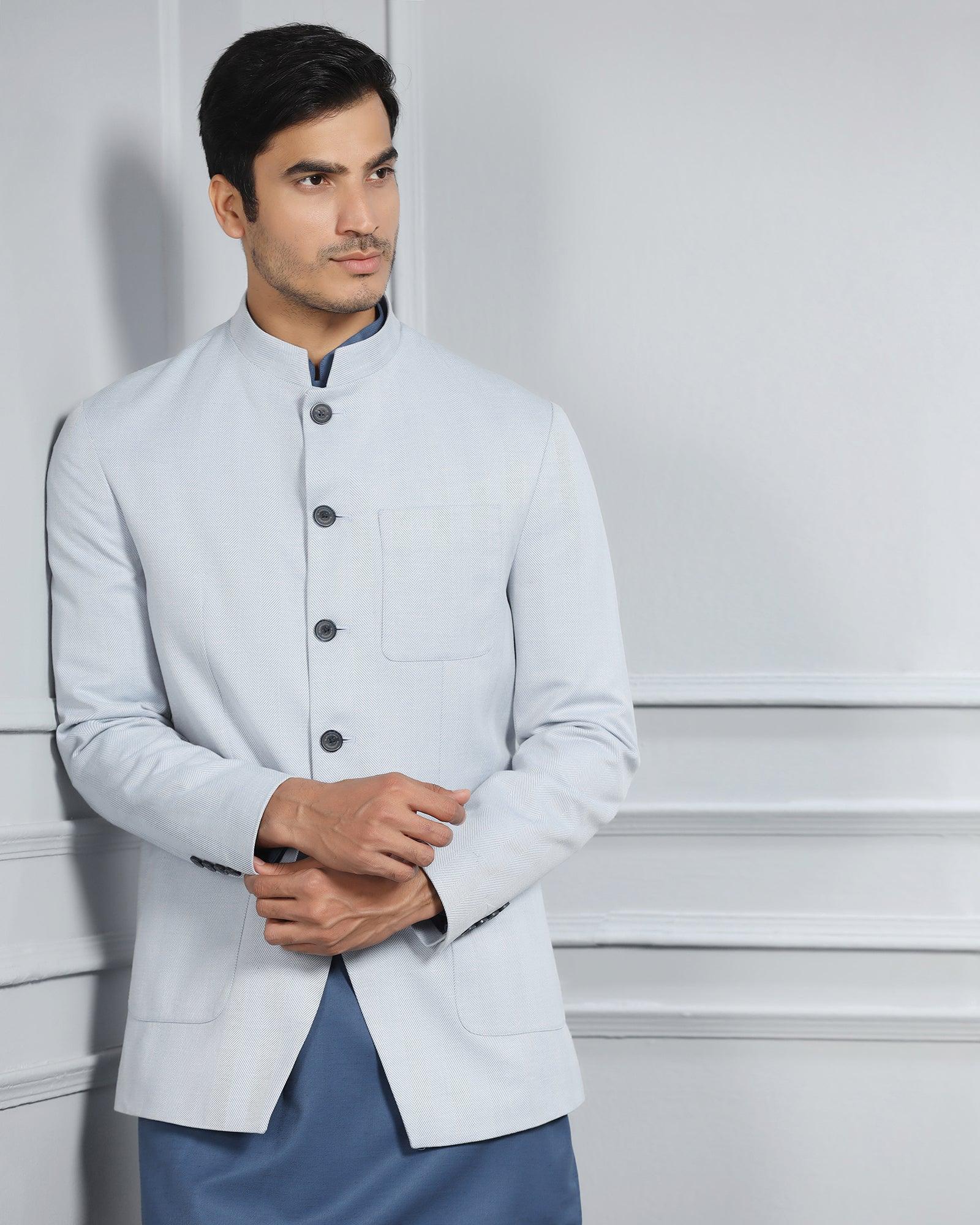Linen Swarn Three Piece Blue Solid Achkan Set - Anok - Blackberrys