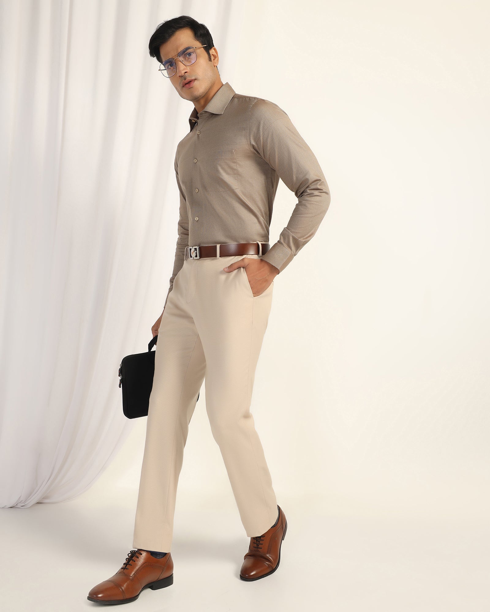 Straight B-90 Formal Beige Textured Trouser - Otto