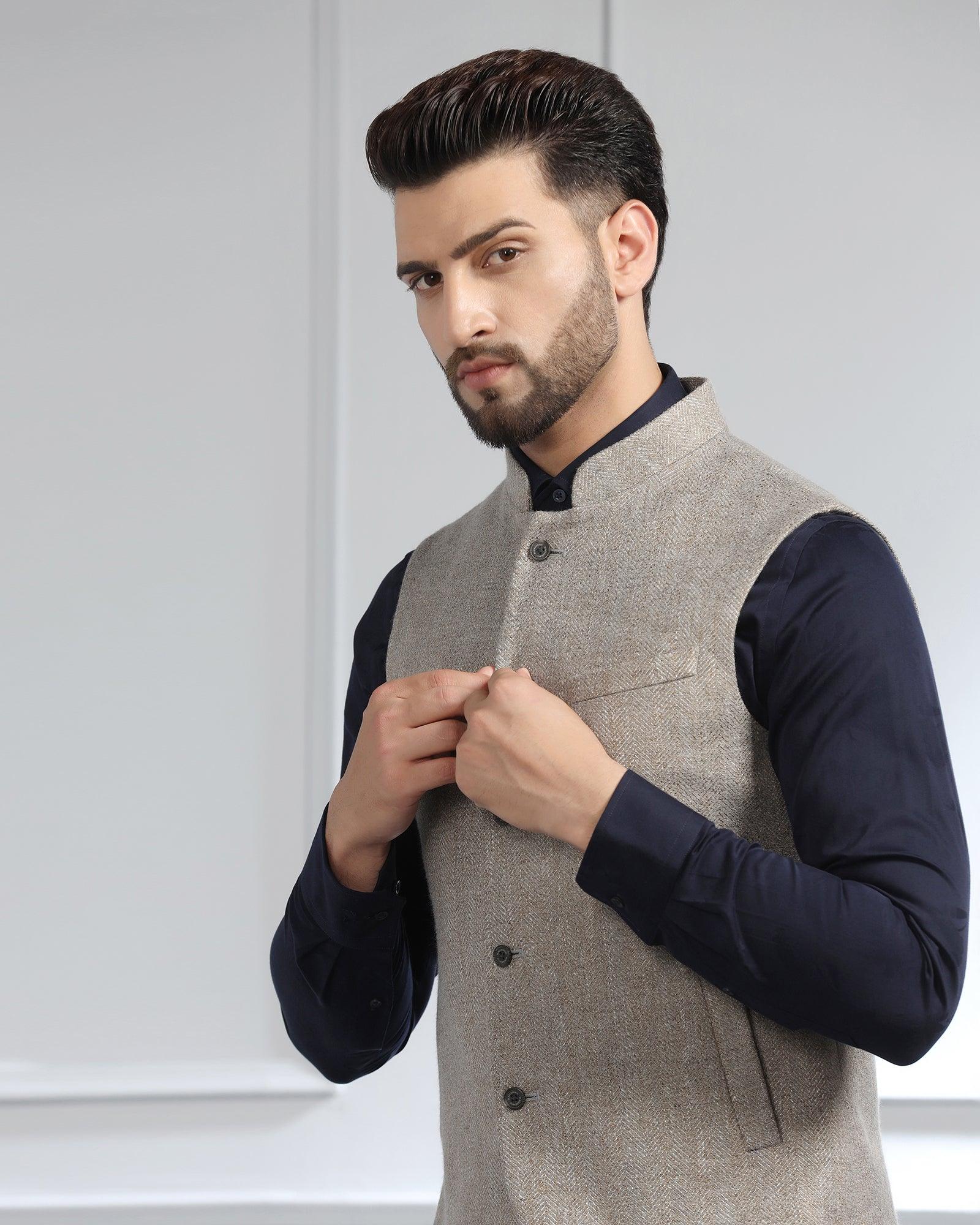 Bandhgala Casual Light Grey Striped Waistcoat - Silvan - Blackberrys