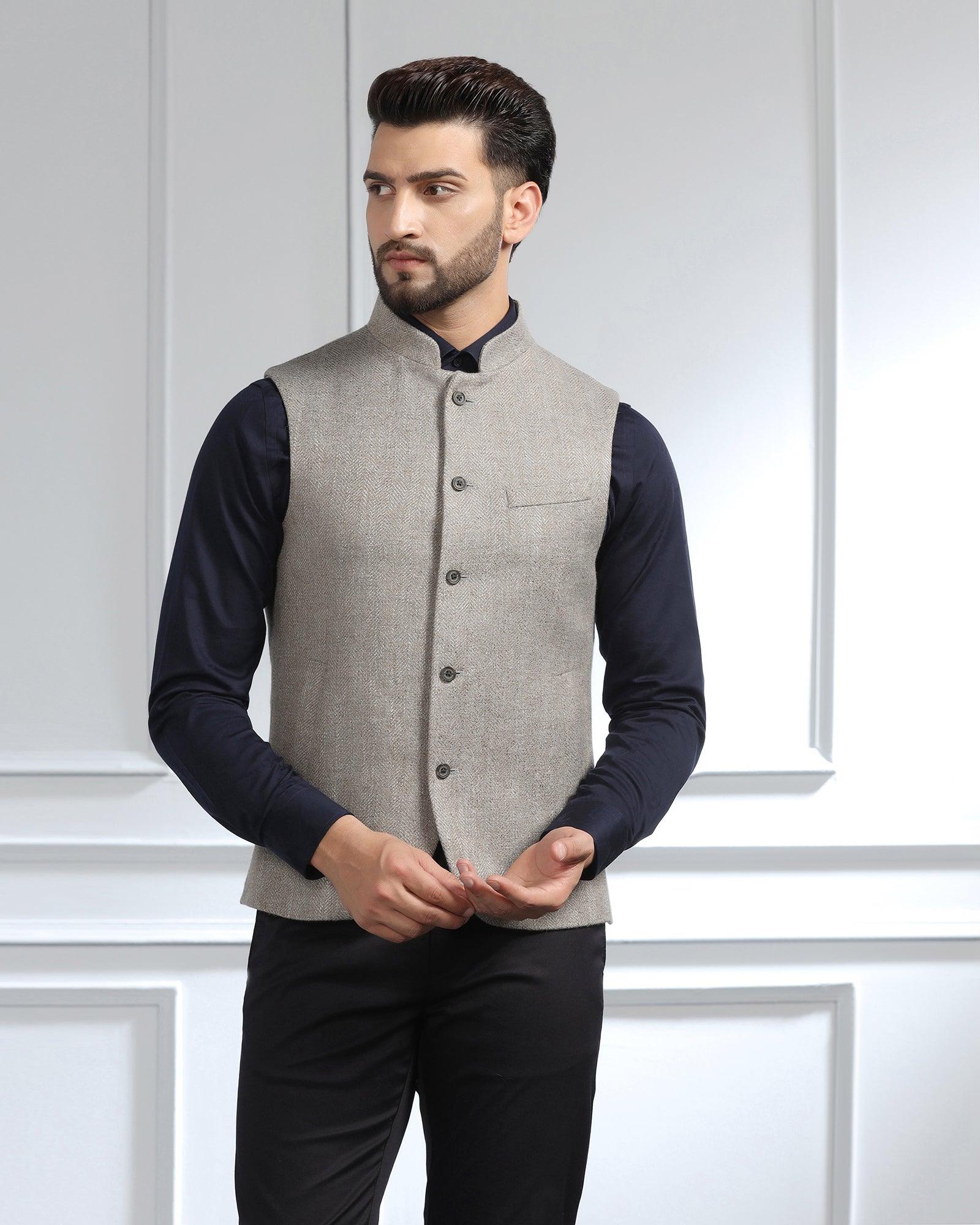 Bandhgala Casual Light Grey Striped Waistcoat - Silvan - Blackberrys
