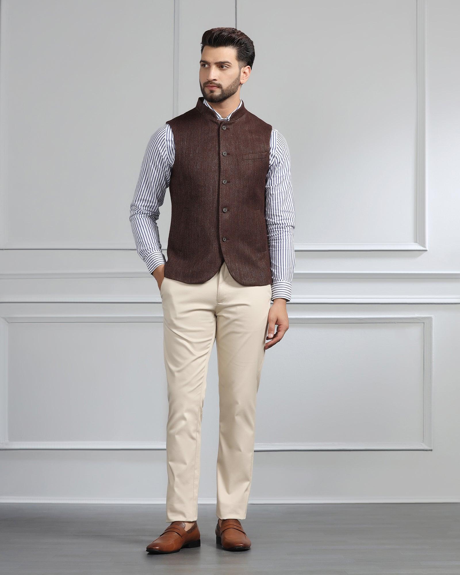 Bandhgala Casual Rust Striped Waistcoat - Silvan - Blackberrys