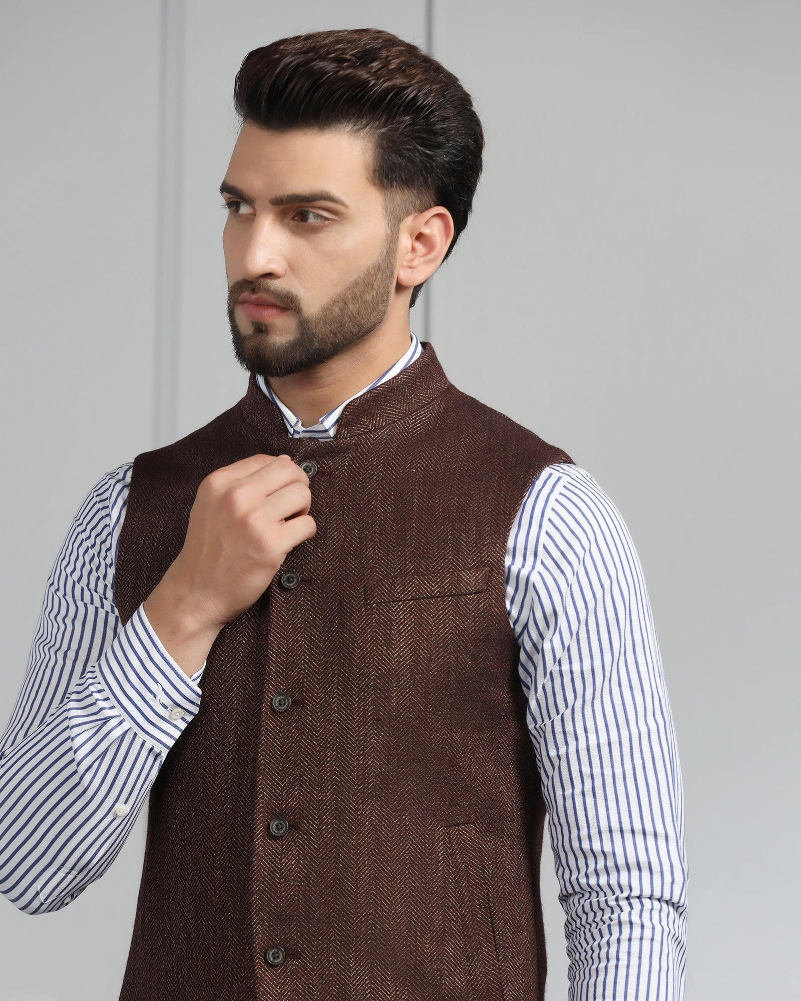 Bandhgala Casual Rust Striped Waistcoat - Silvan - Blackberrys