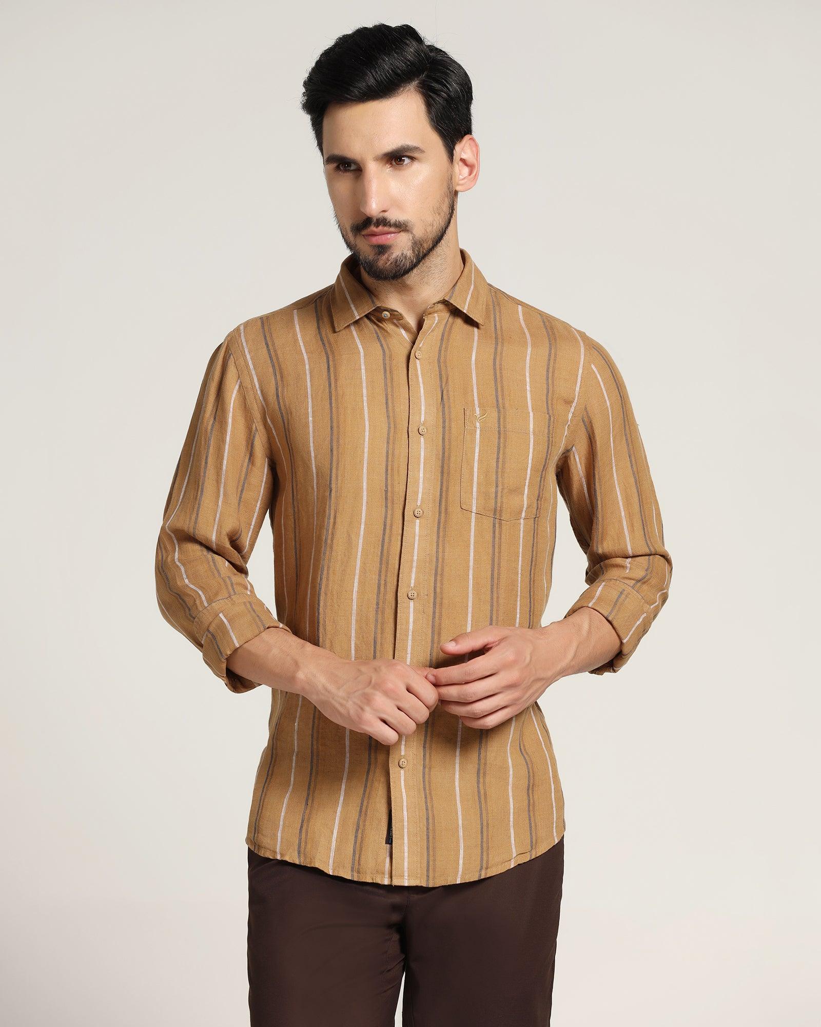Linen Casual Brown Striped Shirt - Jade