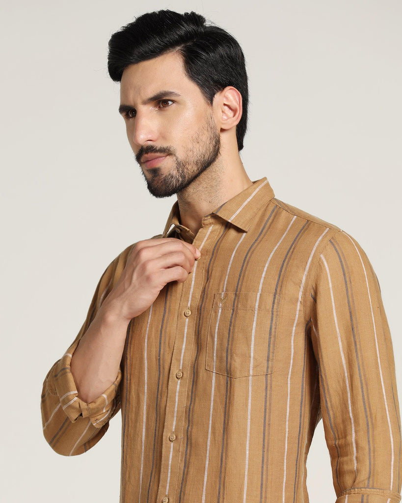 Linen Casual Brown Striped Shirt - Jade