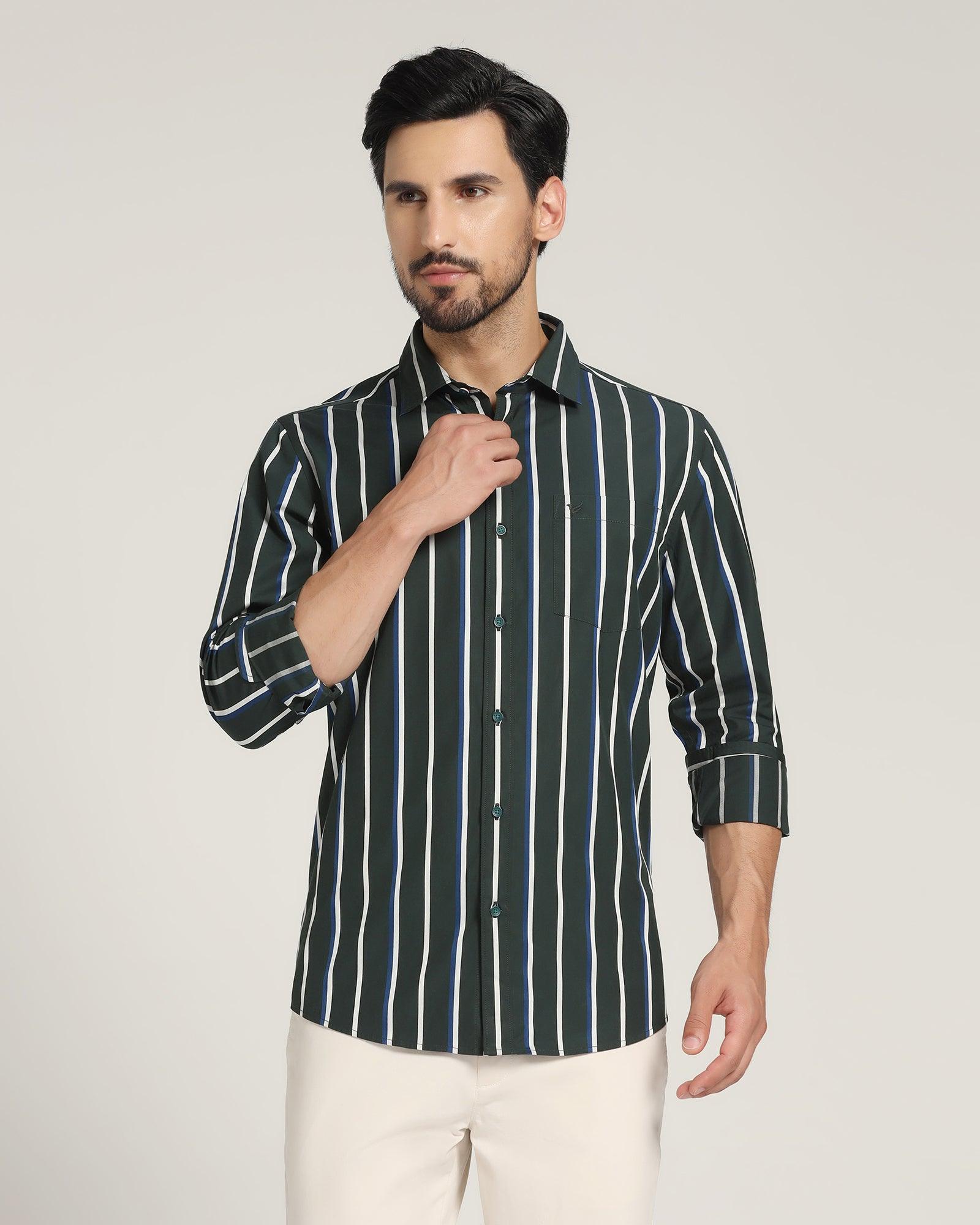 Green Stripes Dress Shirts  Green Stripes With White Collar And
