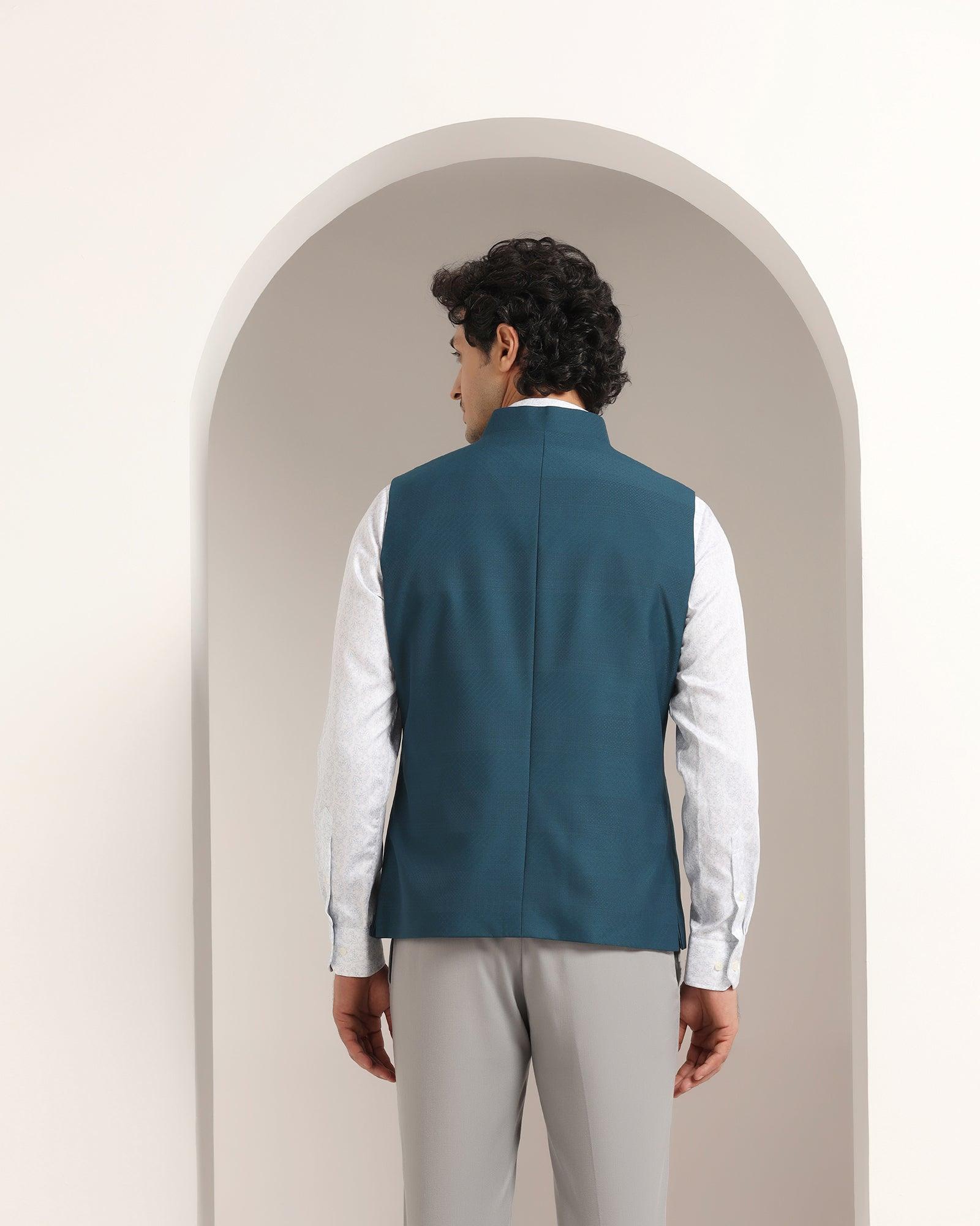Bandhgala Formal Teal Striped Waistcoat - Korlan - Blackberrys