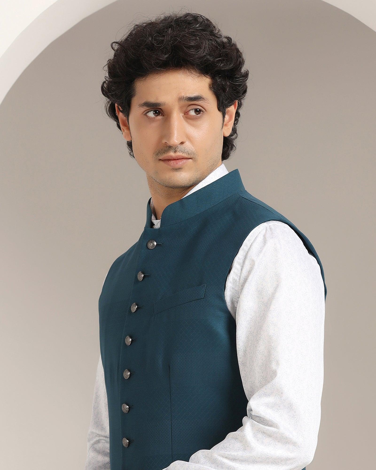 Bandhgala Formal Teal Striped Waistcoat - Korlan - Blackberrys