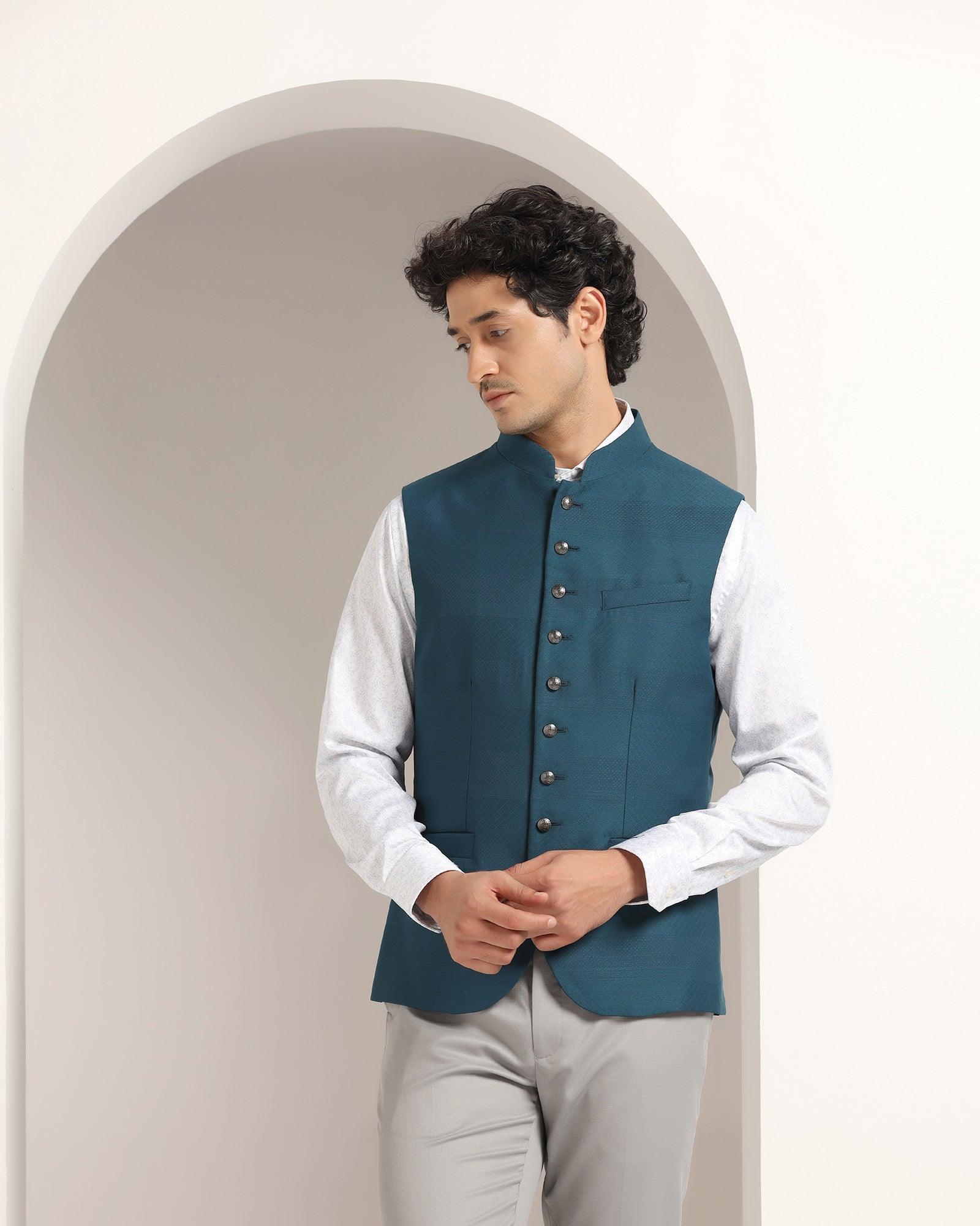 Bandhgala Formal Teal Striped Waistcoat - Korlan - Blackberrys