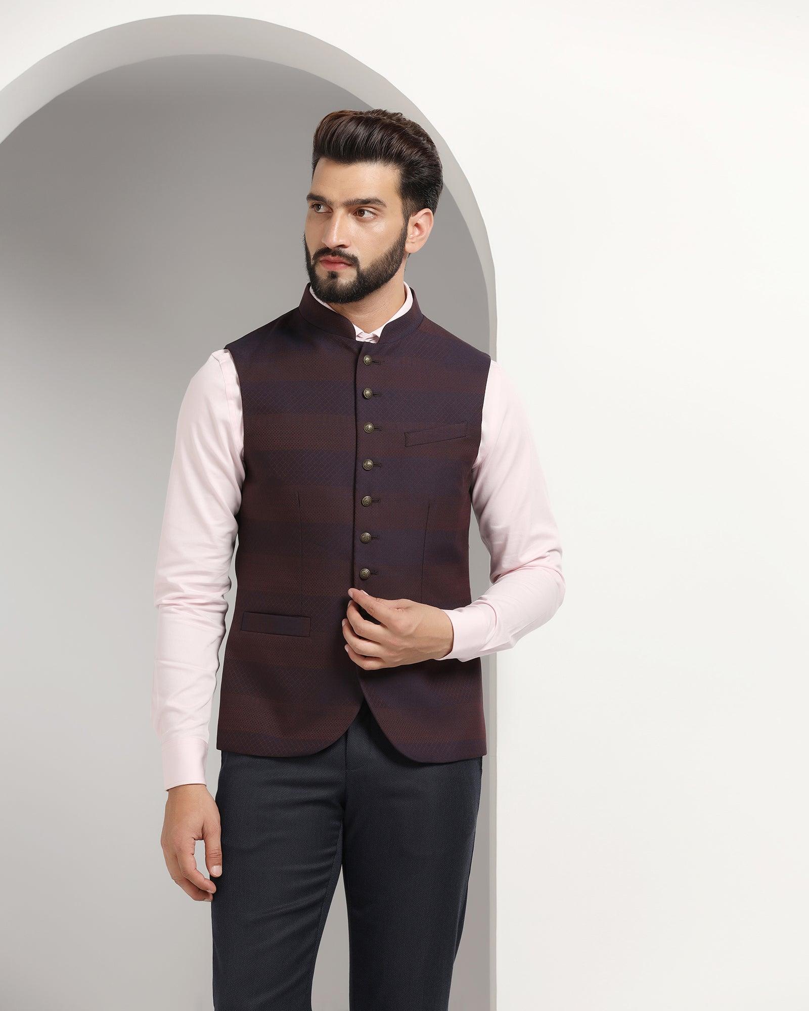 Bandhgala Formal Wine Striped Waistcoat - Korlan - Blackberrys