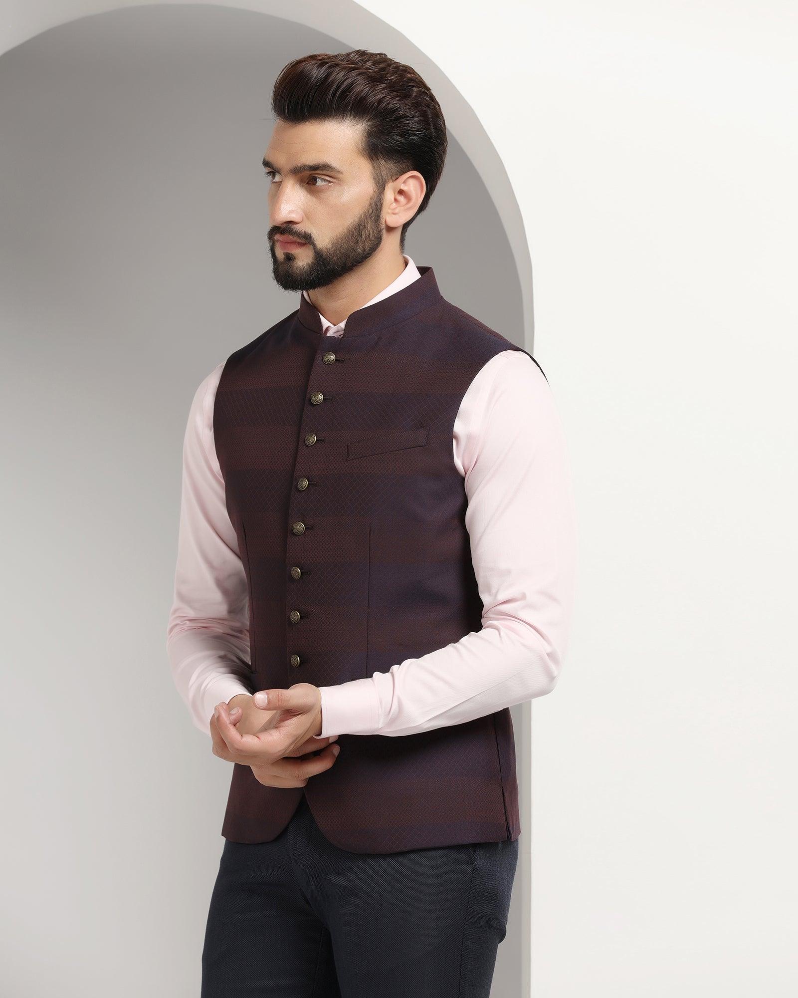Bandhgala Formal Wine Striped Waistcoat - Korlan - Blackberrys