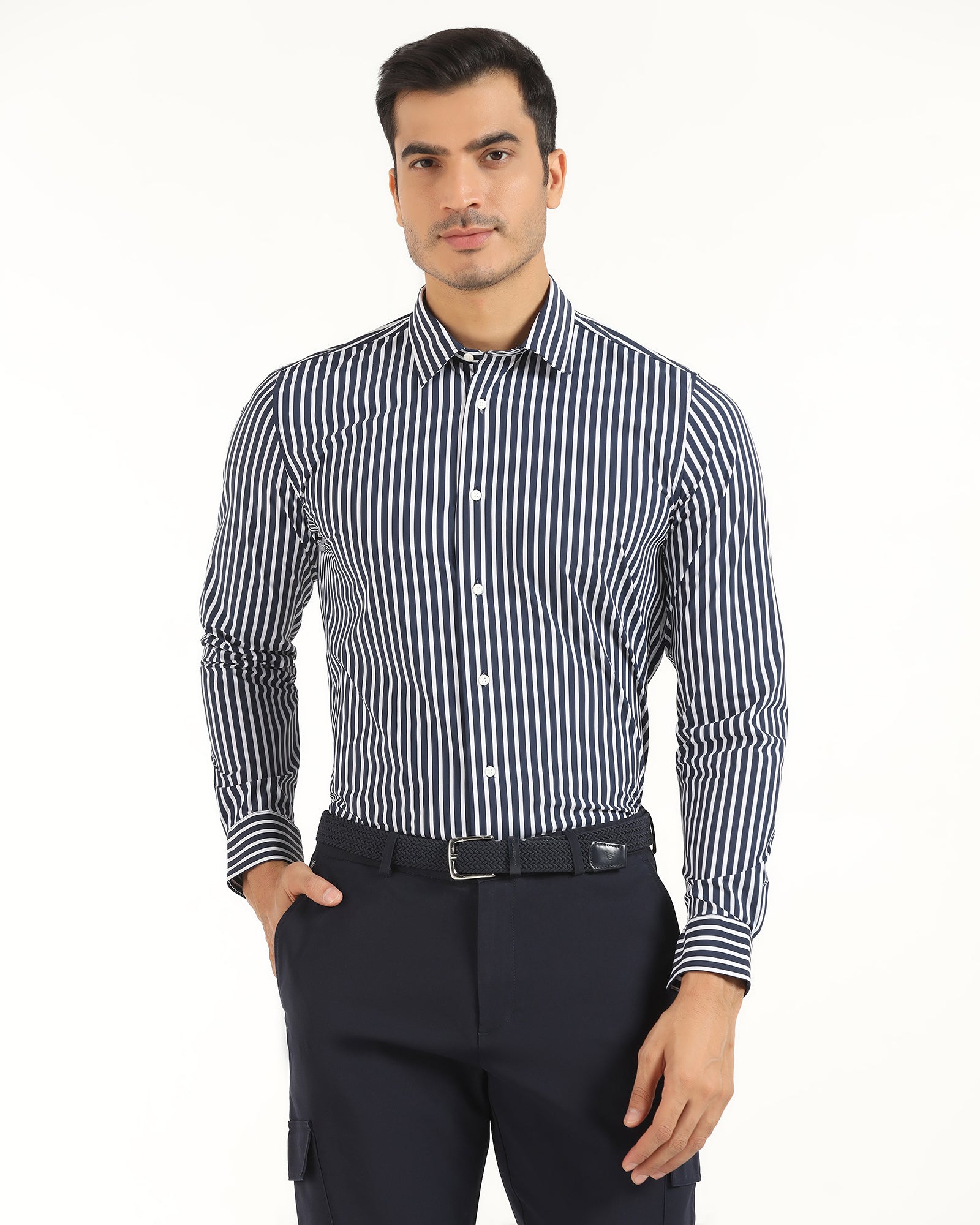 TechPro Formal Navy Stripe Shirt - Frost