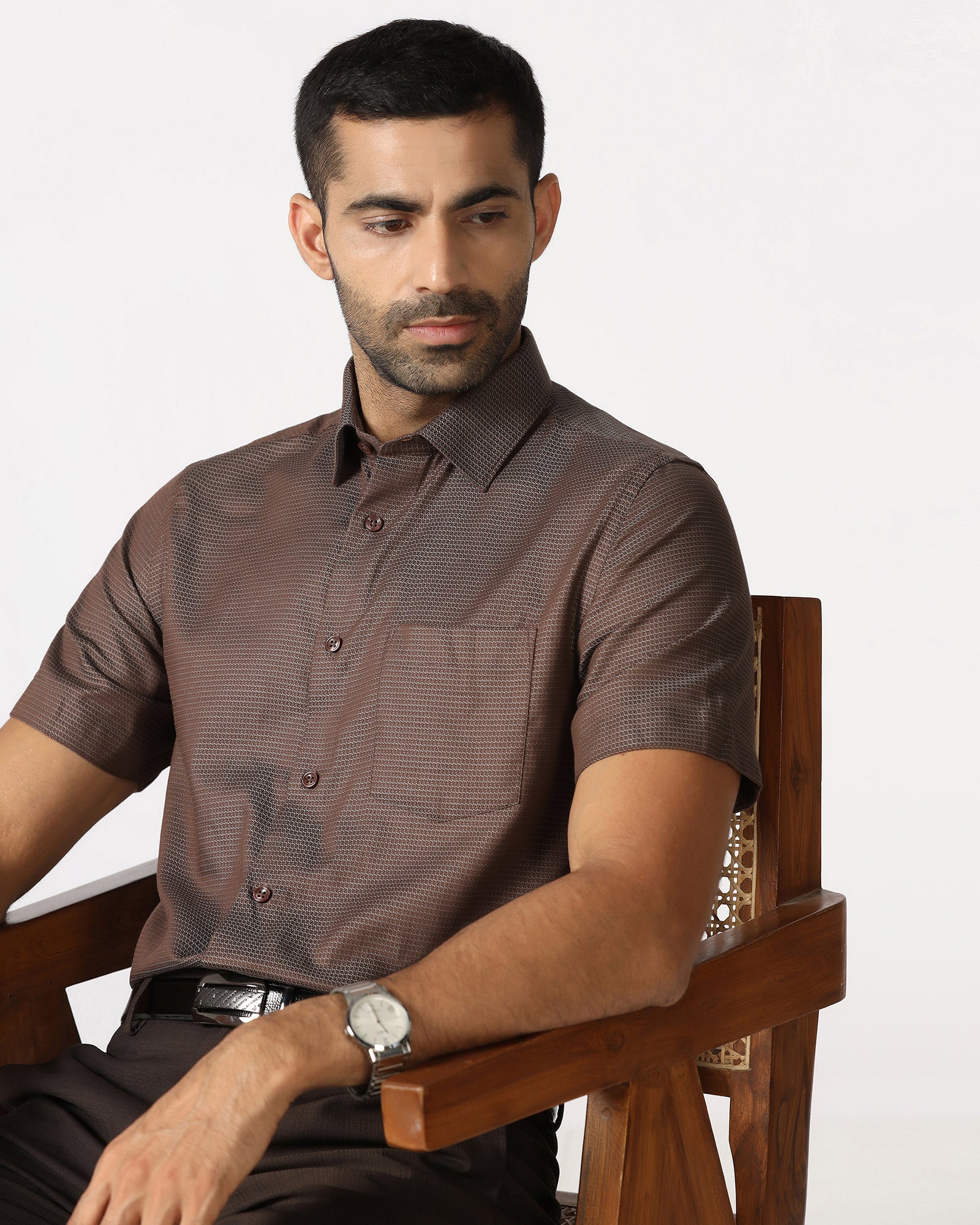 Tan Half Sleeve Textured Shirt - Recite