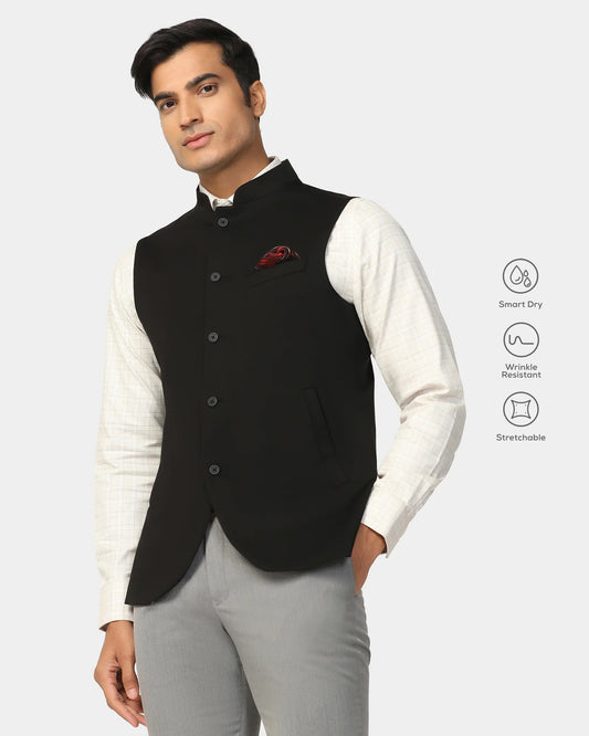 TechPro Bandhgala Formal Black Solid Waistcoat - Travalo