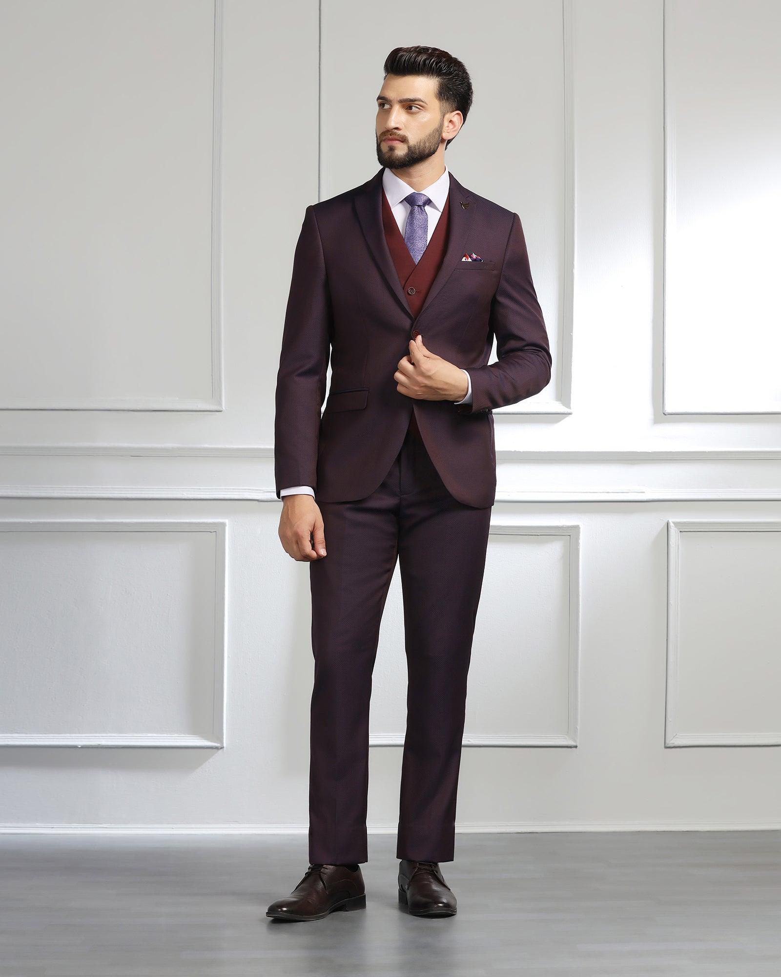 Luxe Three Piece Wine Textured Formal Suit - Cocktail