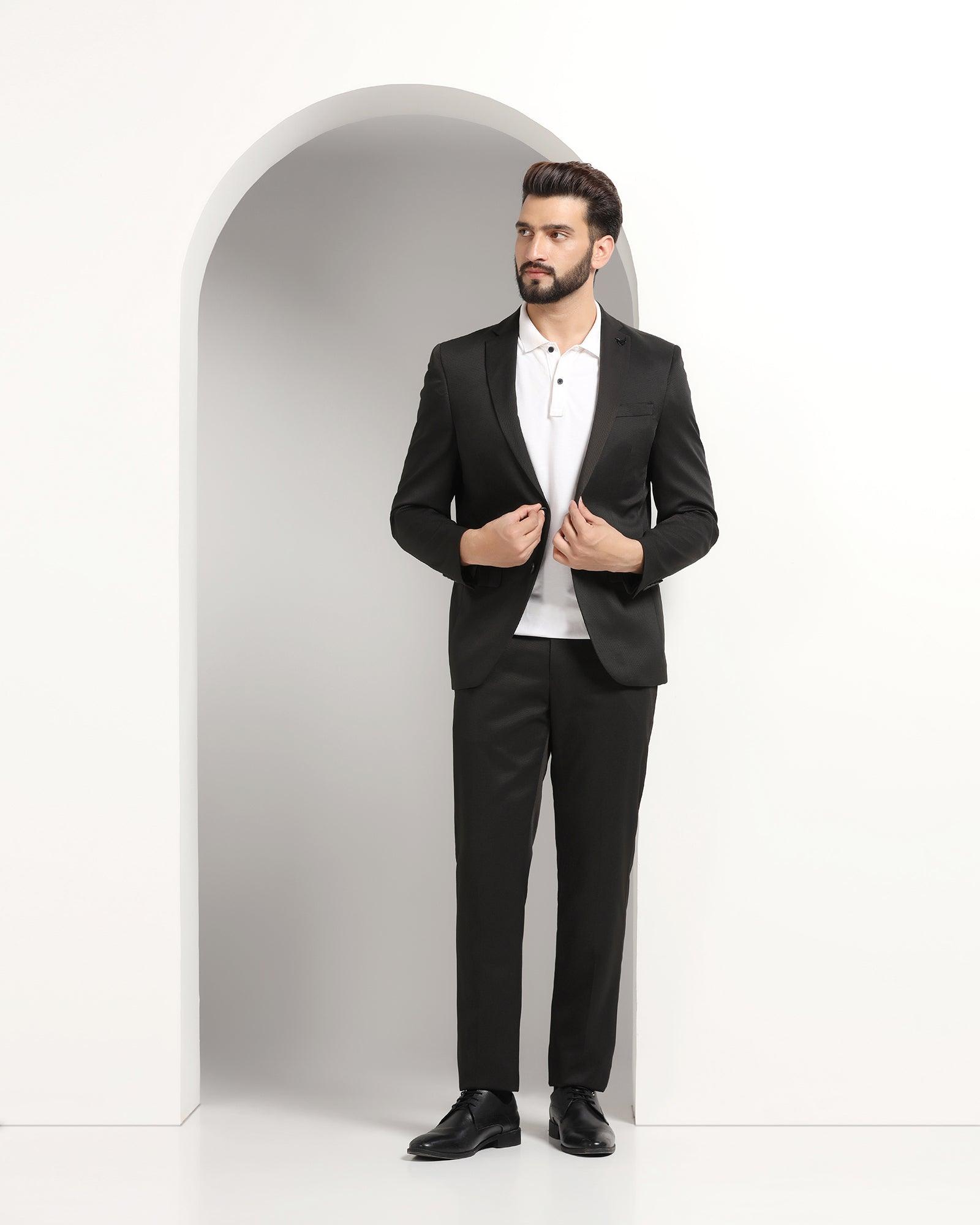 Three Piece Black Textured Formal Suit - Nosfer - Blackberrys