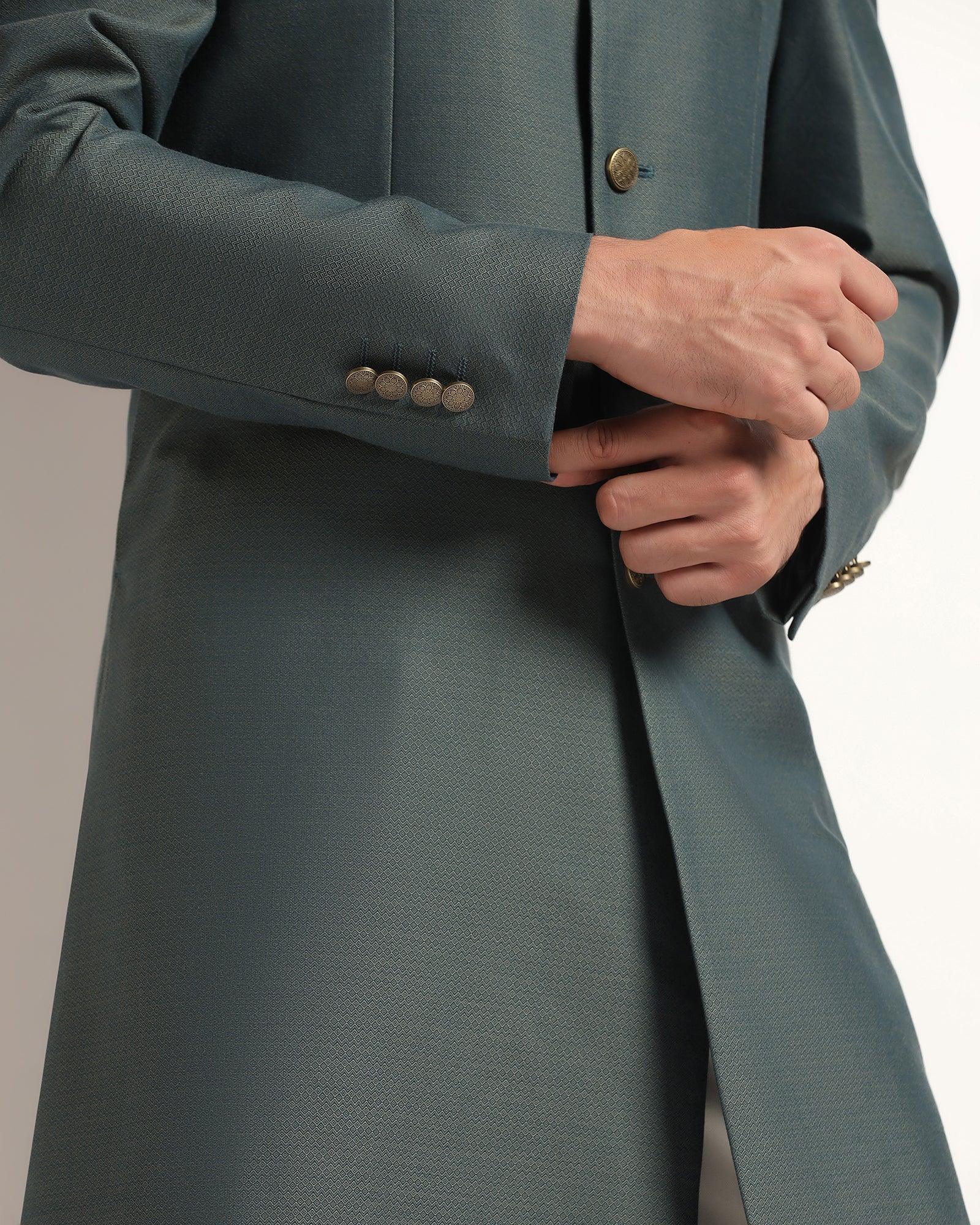 Swarn Two Piece Dark Green Textured Achkan Set - Dimitri - Blackberrys