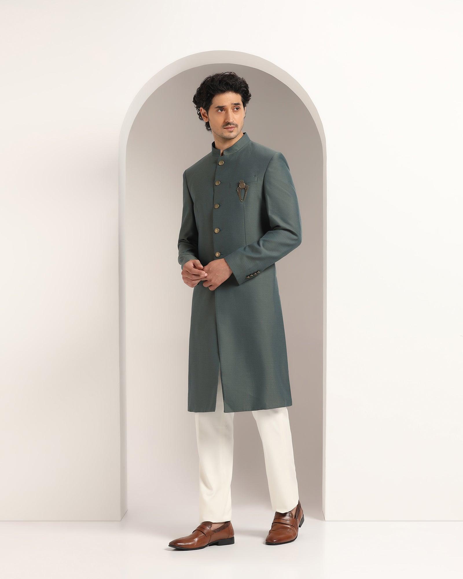 Swarn Two Piece Dark Green Textured Achkan Set - Dimitri - Blackberrys
