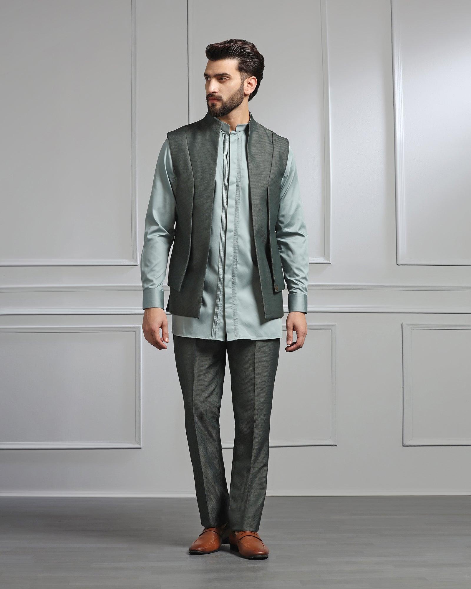 Swarn Two Piece Dark Green Textured Achkan Set - Wallhala - Blackberrys