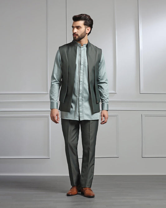Dark Green Swarn Textured Achkan Set - Wallhala