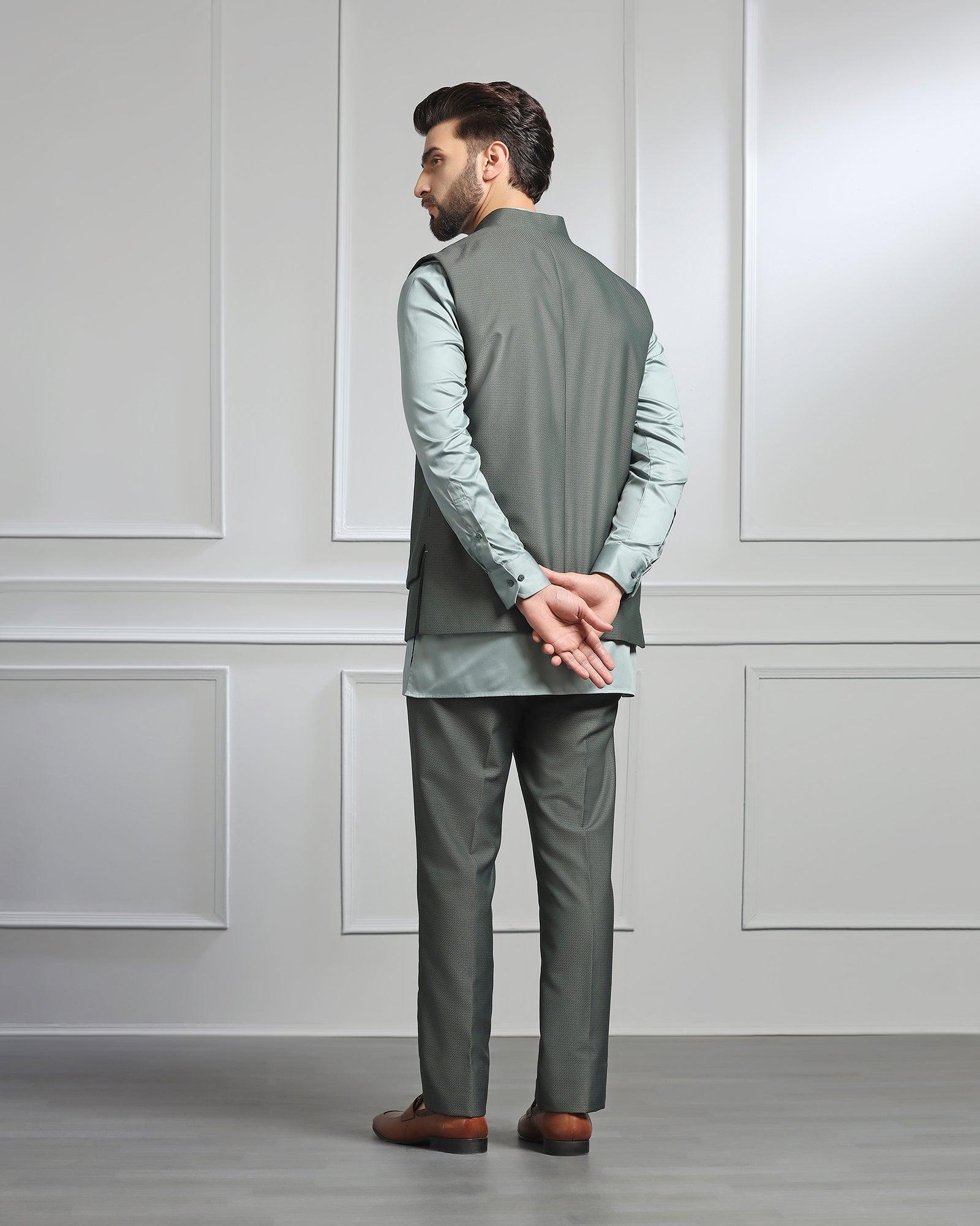 Swarn Two Piece Dark Green Textured Achkan Set - Wallhala - Blackberrys