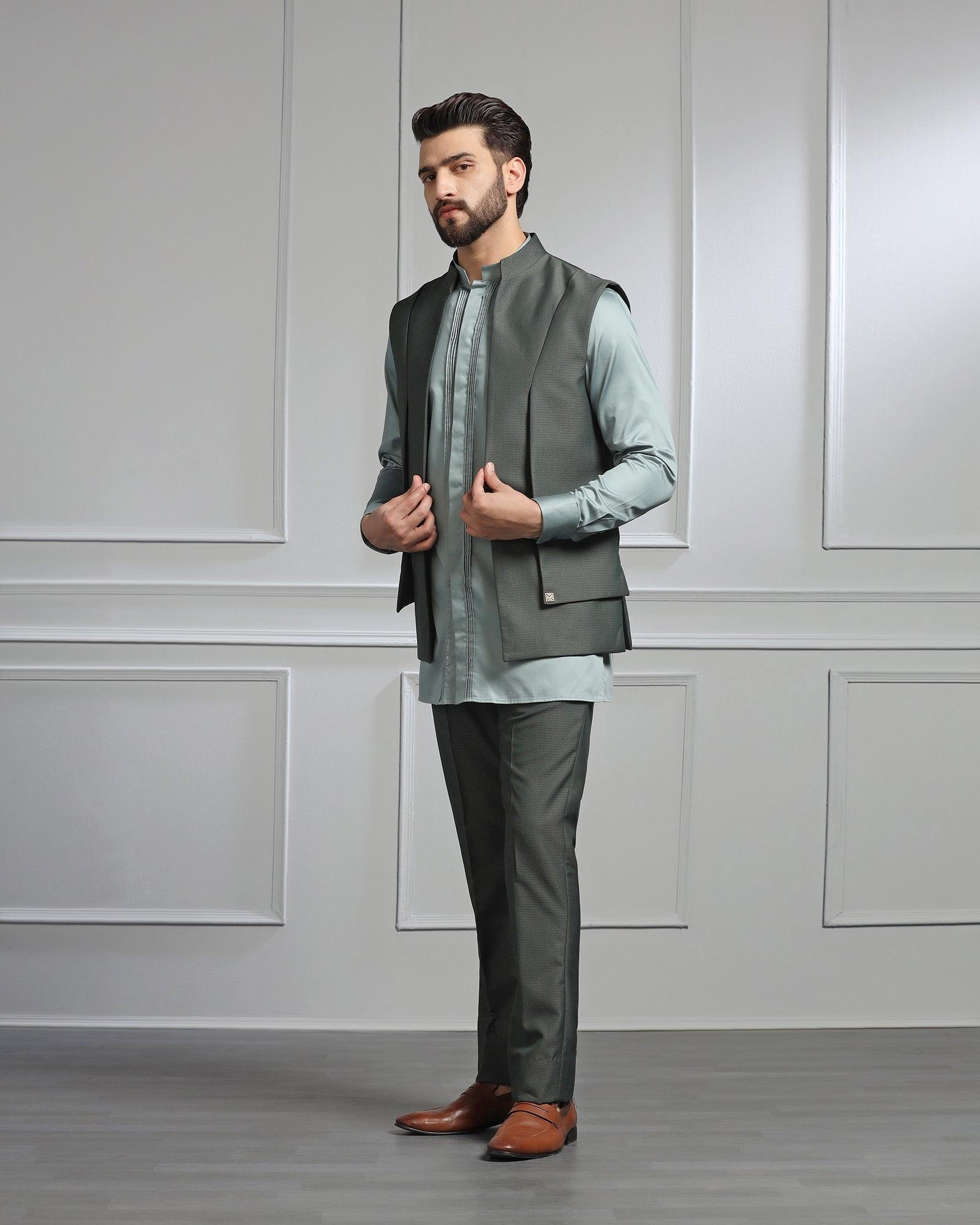 Swarn Two Piece Dark Green Textured Achkan Set - Wallhala - Blackberrys