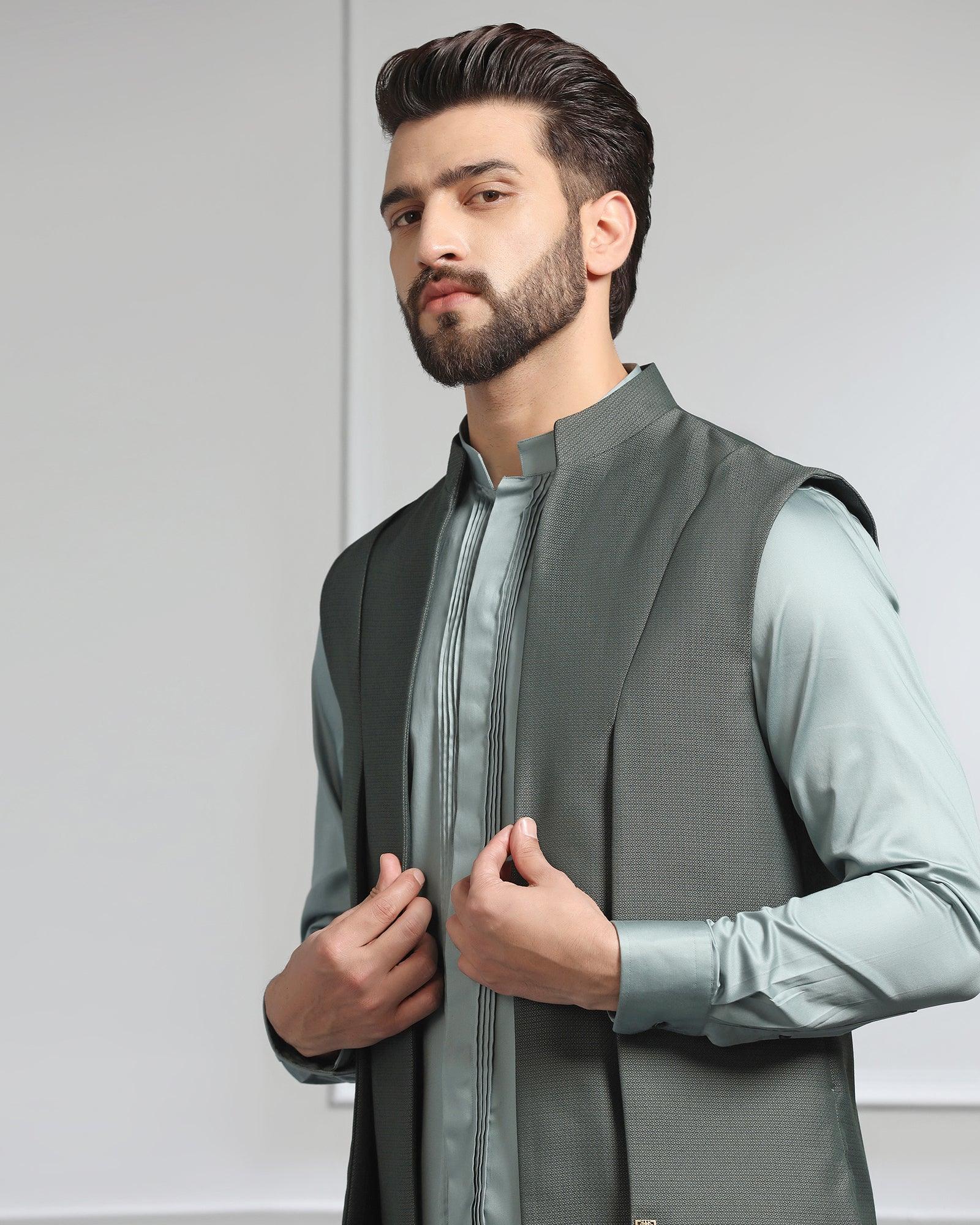 Swarn Two Piece Dark Green Textured Achkan Set - Wallhala - Blackberrys