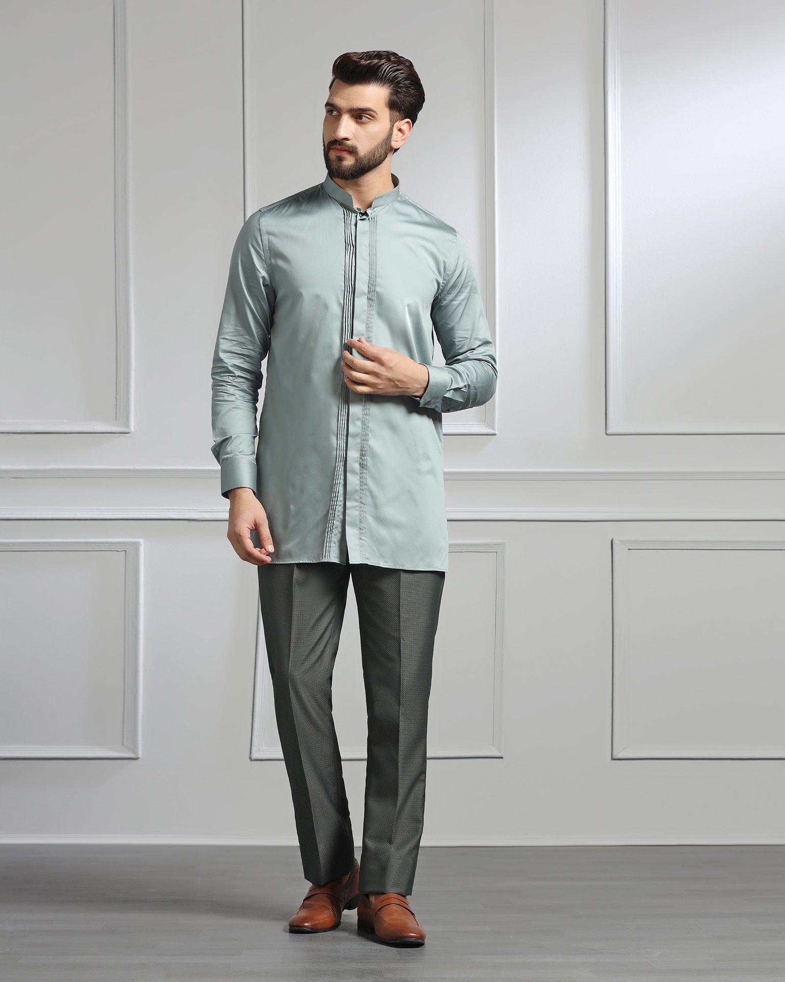 Swarn Two Piece Dark Green Textured Achkan Set - Wallhala - Blackberrys