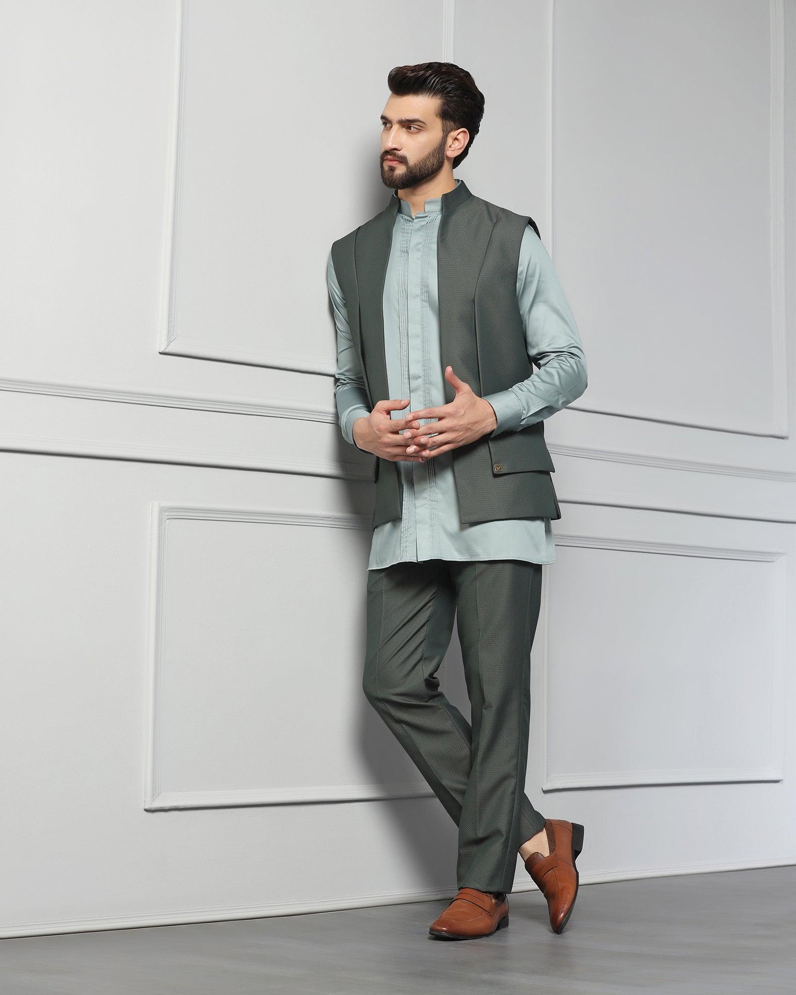 Swarn Two Piece Dark Green Textured Achkan Set - Wallhala - Blackberrys