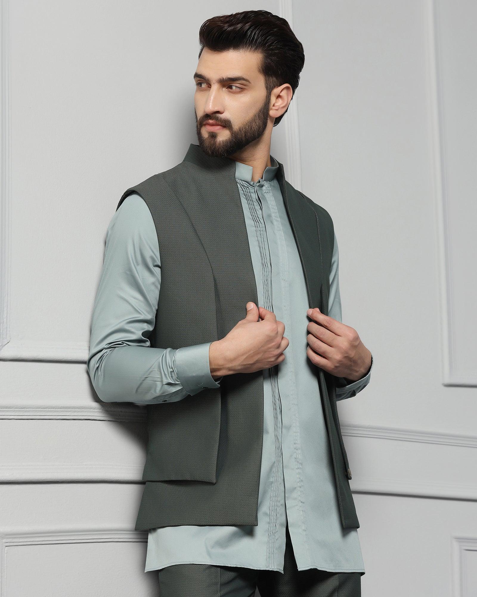 Swarn Two Piece Dark Green Textured Achkan Set - Wallhala - Blackberrys