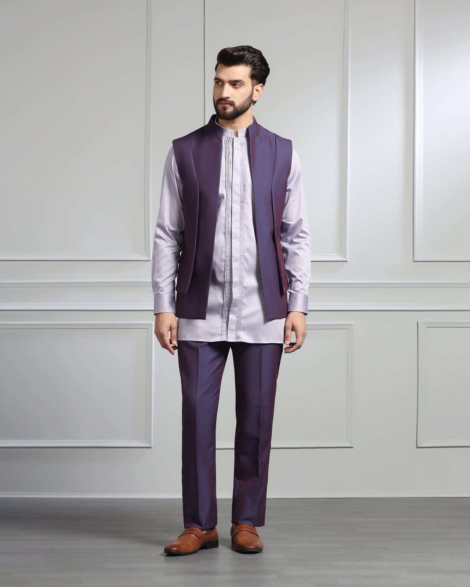 Swarn Two Piece Dark Purple Textured Achkan Set - Wallhala - Blackberrys