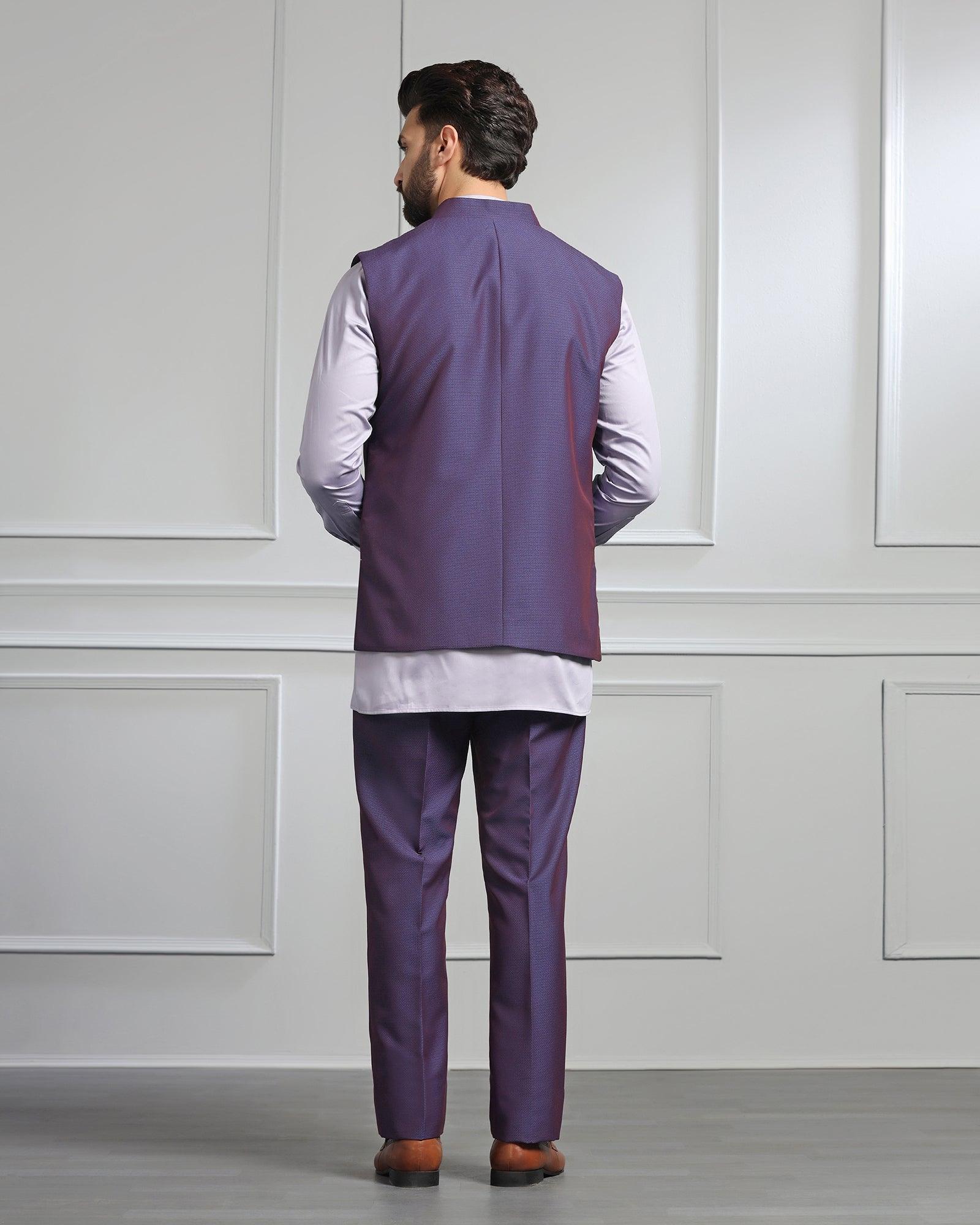 Swarn Two Piece Dark Purple Textured Achkan Set - Wallhala - Blackberrys