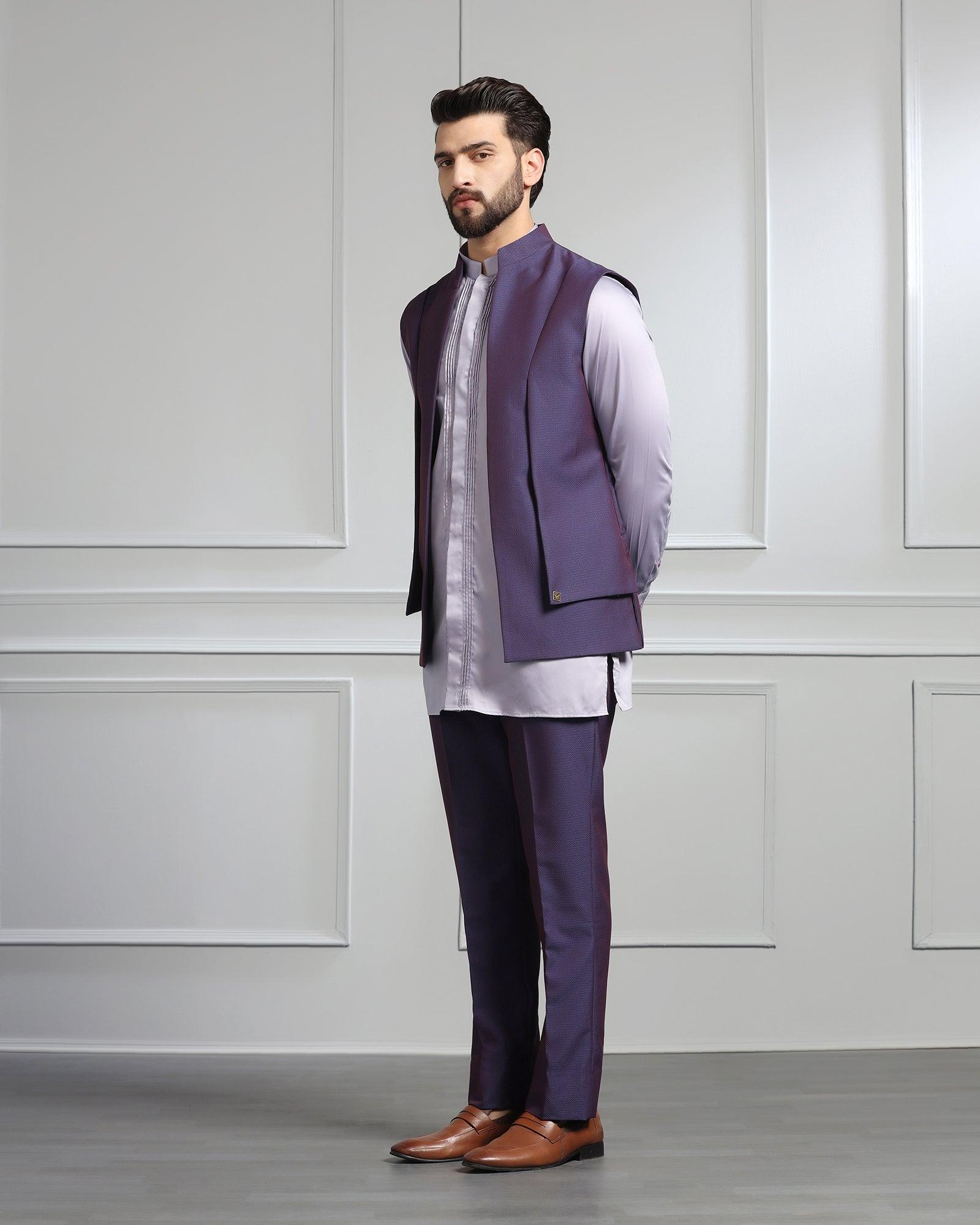 Swarn Two Piece Dark Purple Textured Achkan Set - Wallhala - Blackberrys