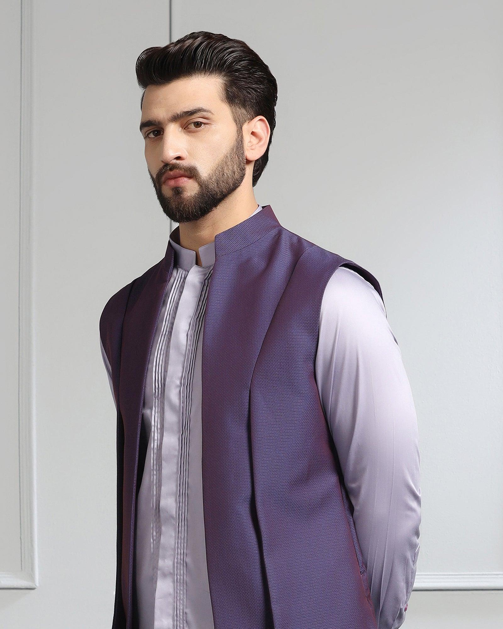 Swarn Two Piece Dark Purple Textured Achkan Set - Wallhala - Blackberrys