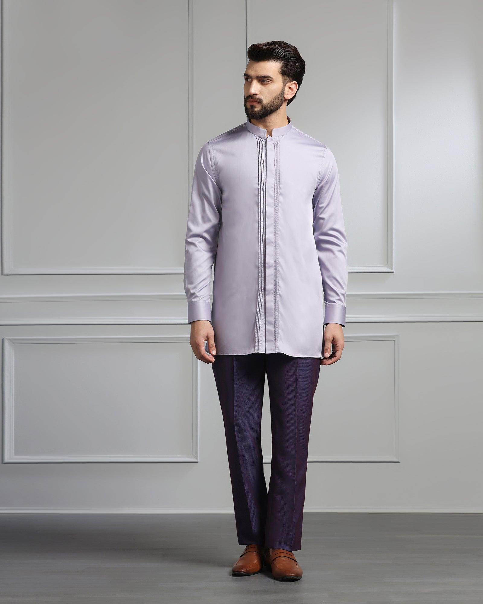 Swarn Two Piece Dark Purple Textured Achkan Set - Wallhala - Blackberrys