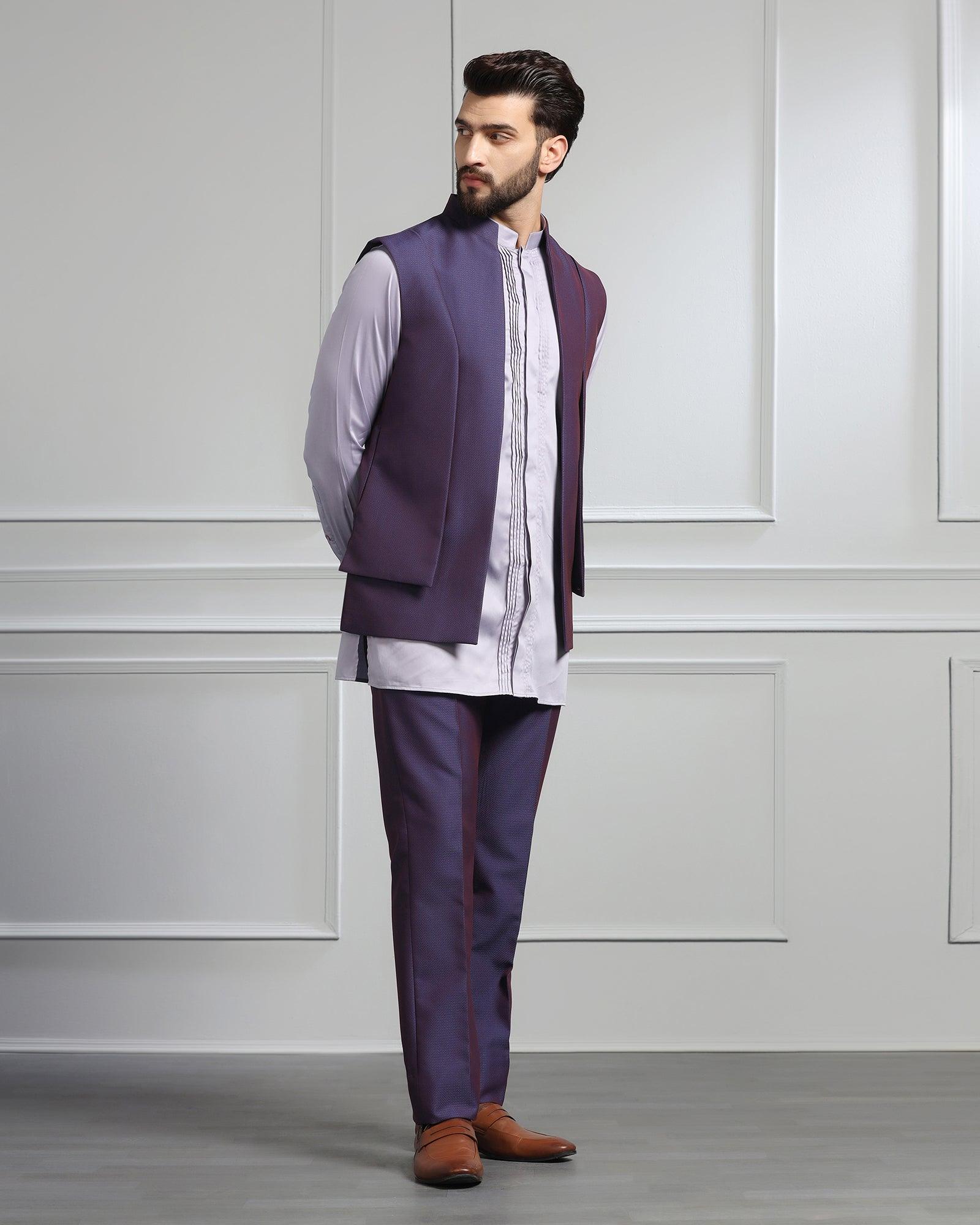 Swarn Two Piece Dark Purple Textured Achkan Set - Wallhala - Blackberrys