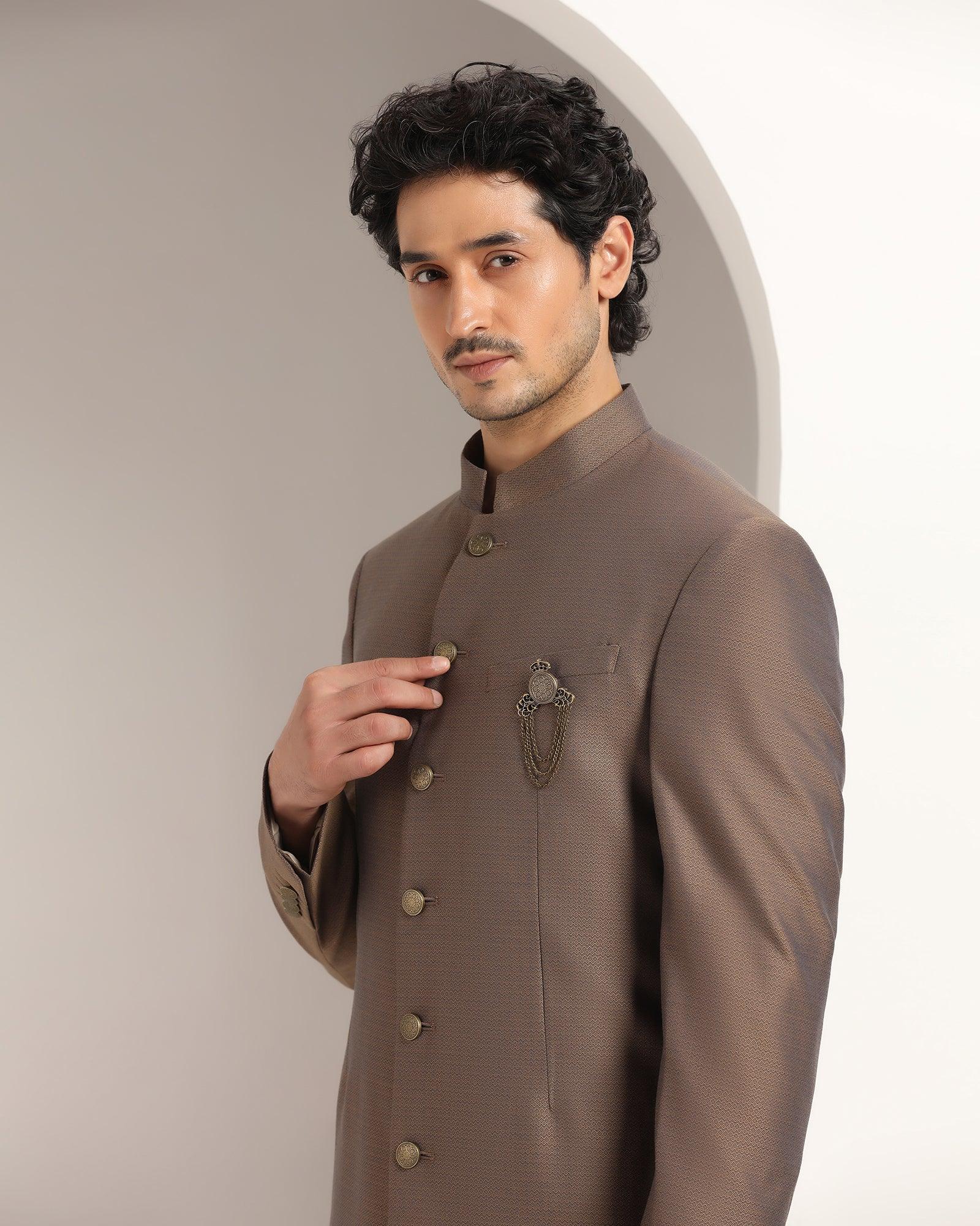 Swarn Two Piece Golden Textured Achkan Set - Dimitri - Blackberrys