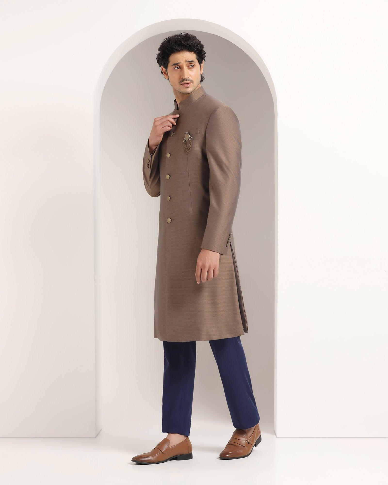 Swarn Two Piece Golden Textured Achkan Set - Dimitri - Blackberrys