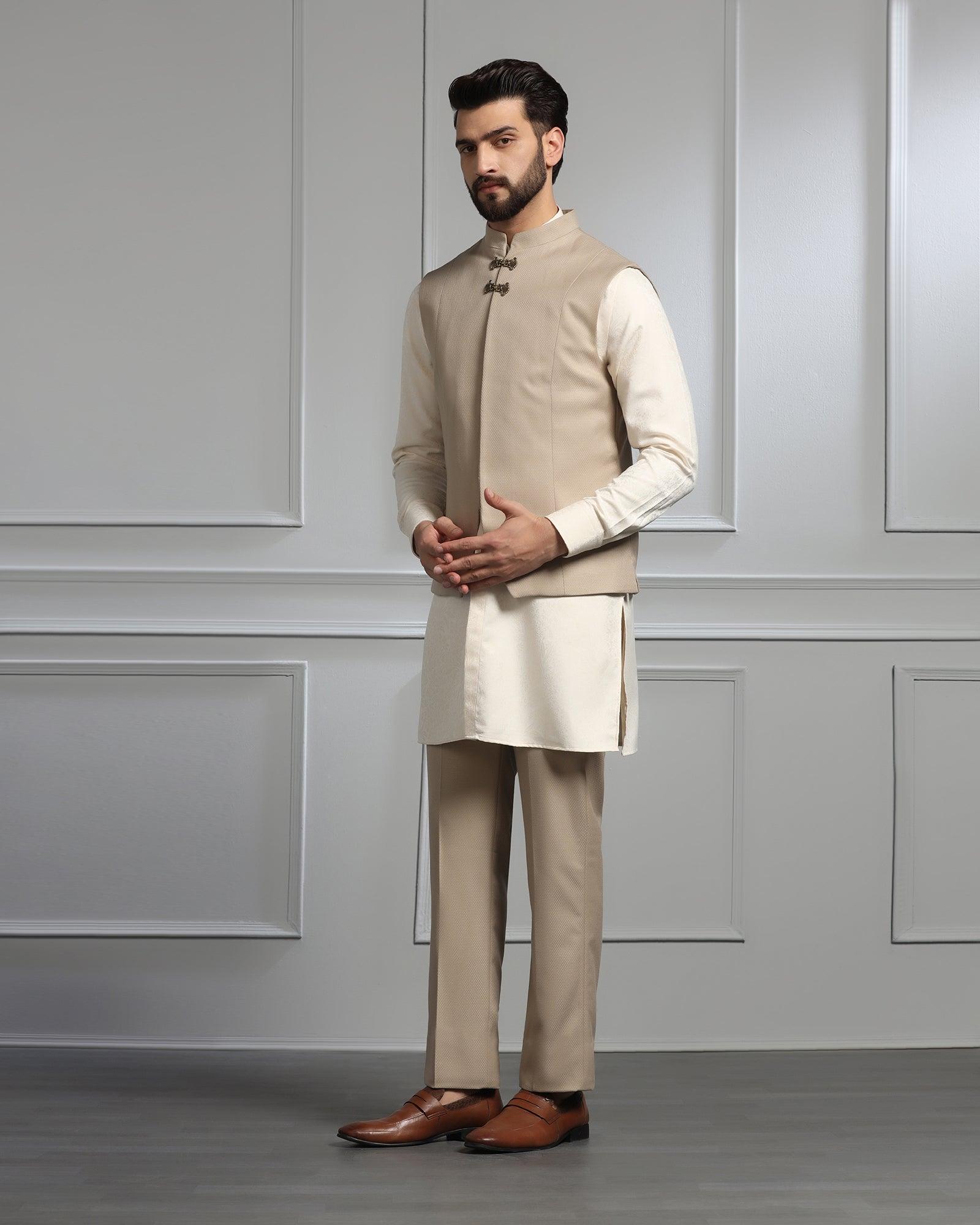 Swarn Two Piece Golden Textured Achkan Set - Dodget - Blackberrys