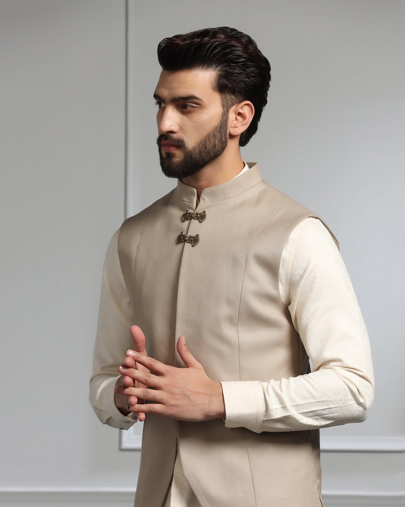 Swarn Two Piece Golden Textured Achkan Set - Dodget - Blackberrys