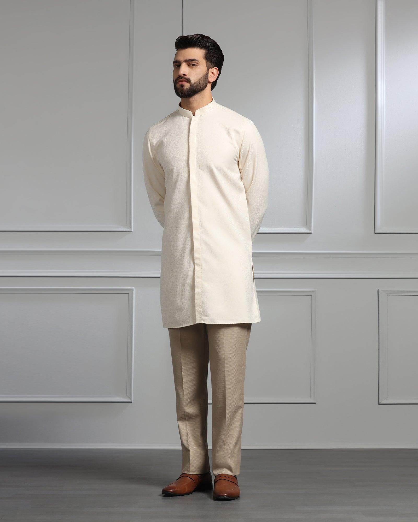 Swarn Two Piece Golden Textured Achkan Set - Dodget - Blackberrys