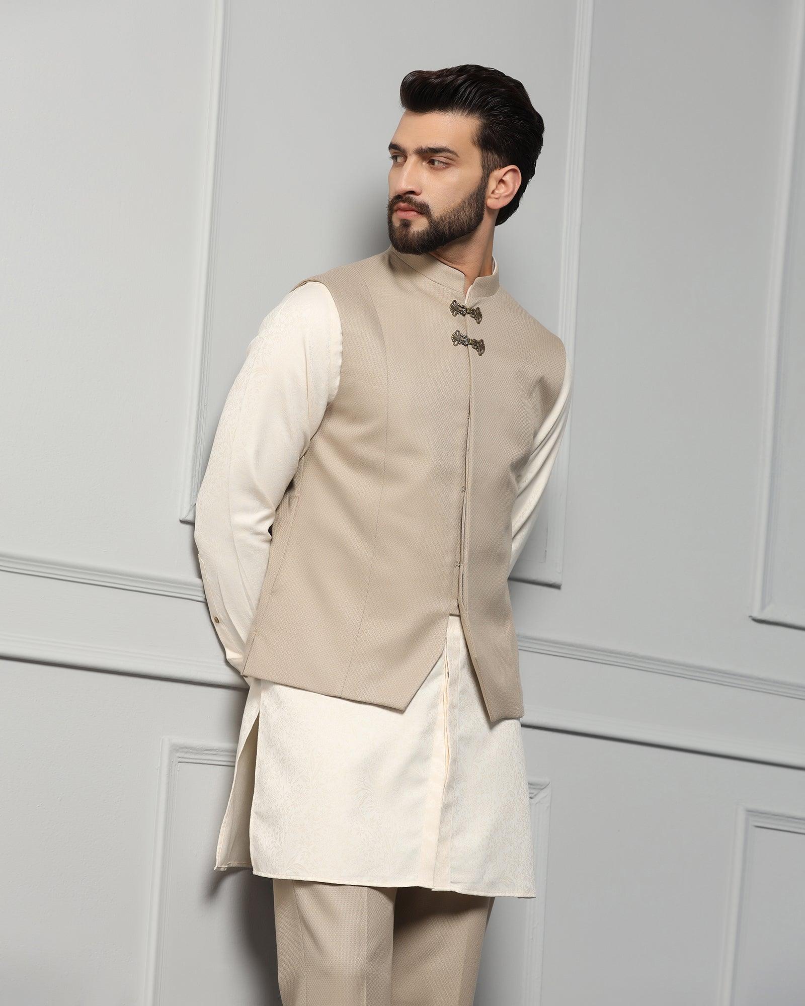 Swarn Two Piece Golden Textured Achkan Set - Dodget - Blackberrys