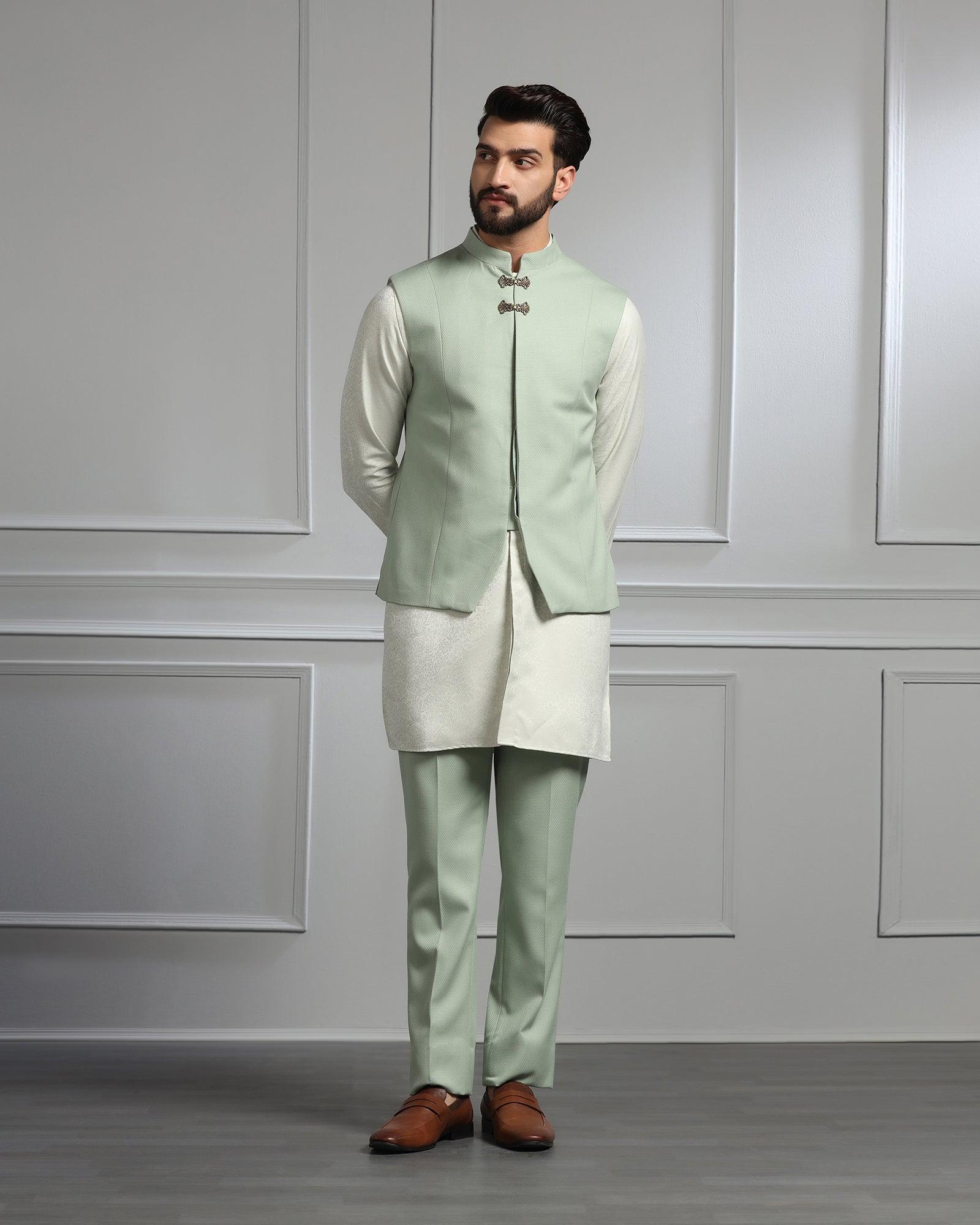 Swarn Two Piece Green Textured Achkan Set - Dodget - Blackberrys