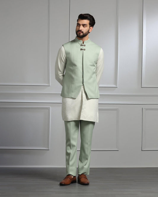 Green Swarn Textured Achkan Set - Dodget