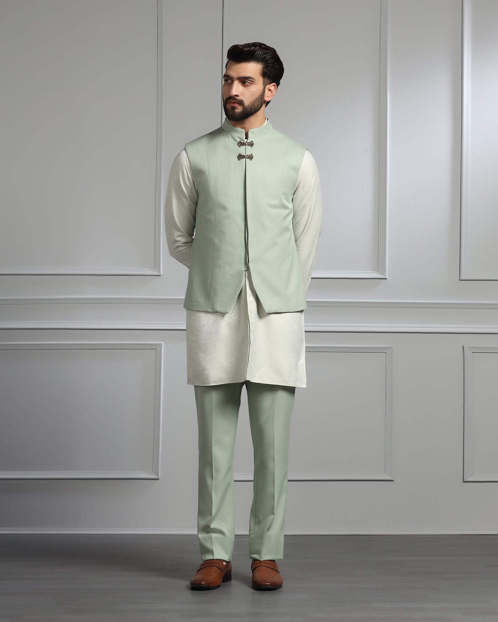 Swarn Two Piece Green Textured Achkan Set - Dodget - Blackberrys