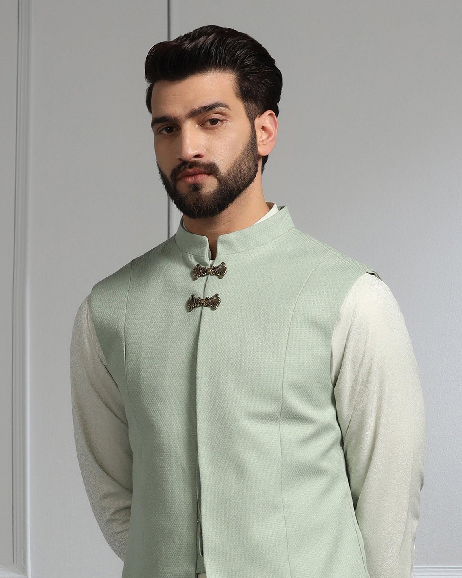 Swarn Two Piece Green Textured Achkan Set - Dodget - Blackberrys