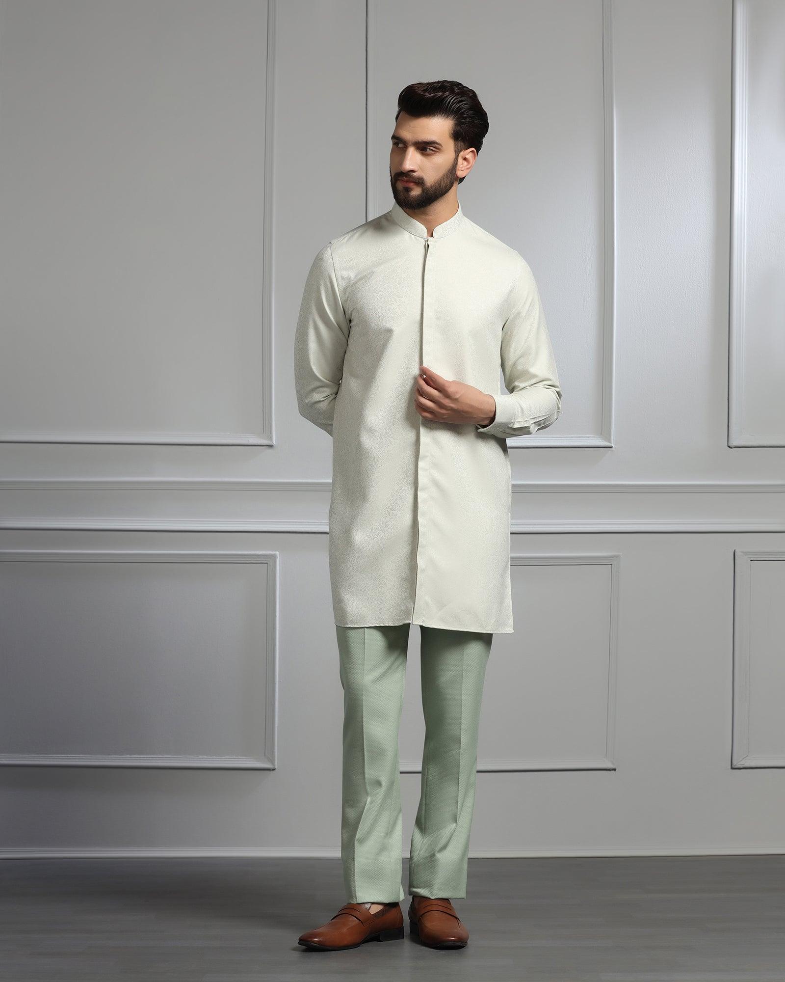 Swarn Two Piece Green Textured Achkan Set - Dodget - Blackberrys