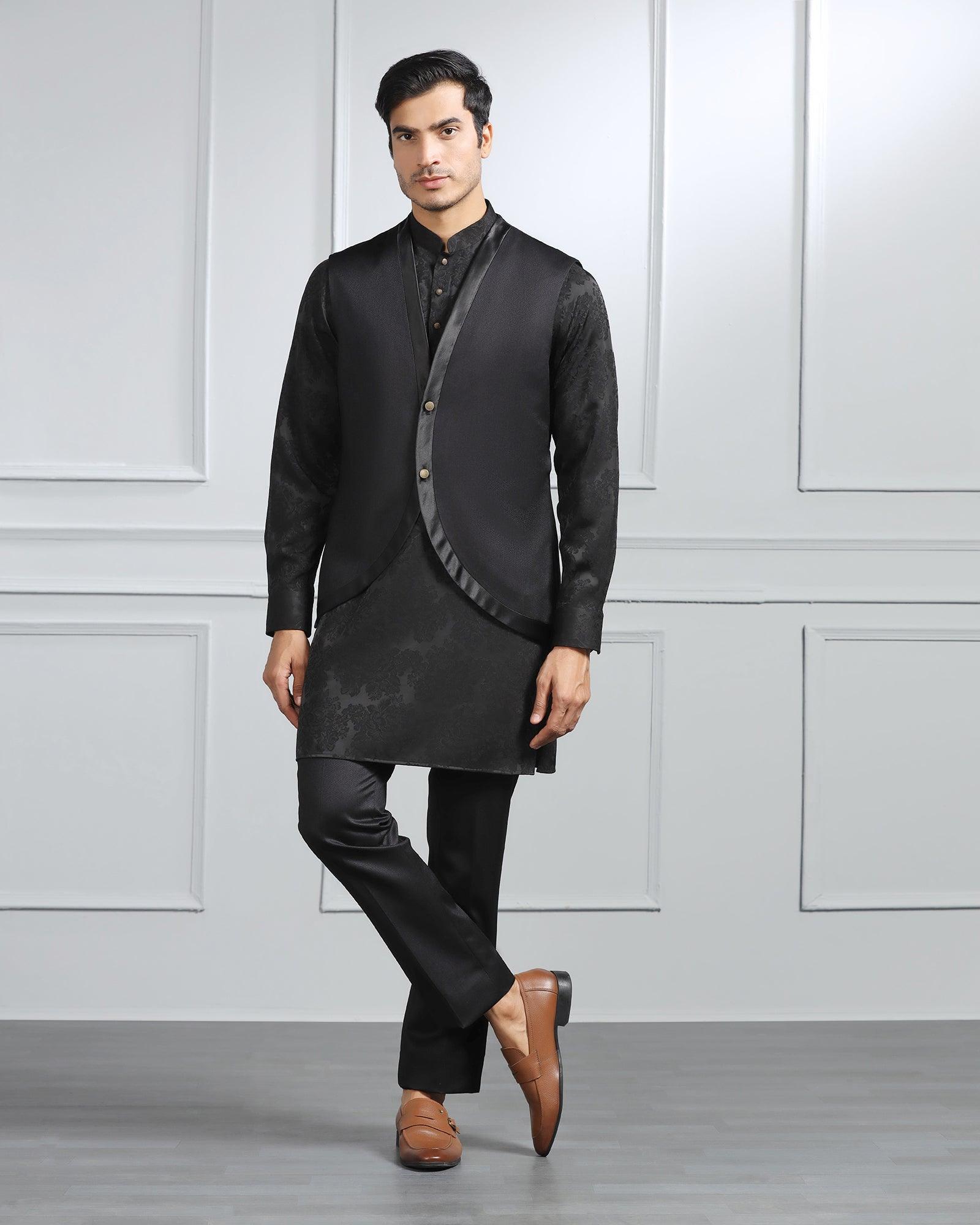 Swarn Multitude 6X Black Textured Achkan Set - Stapol - Blackberrys