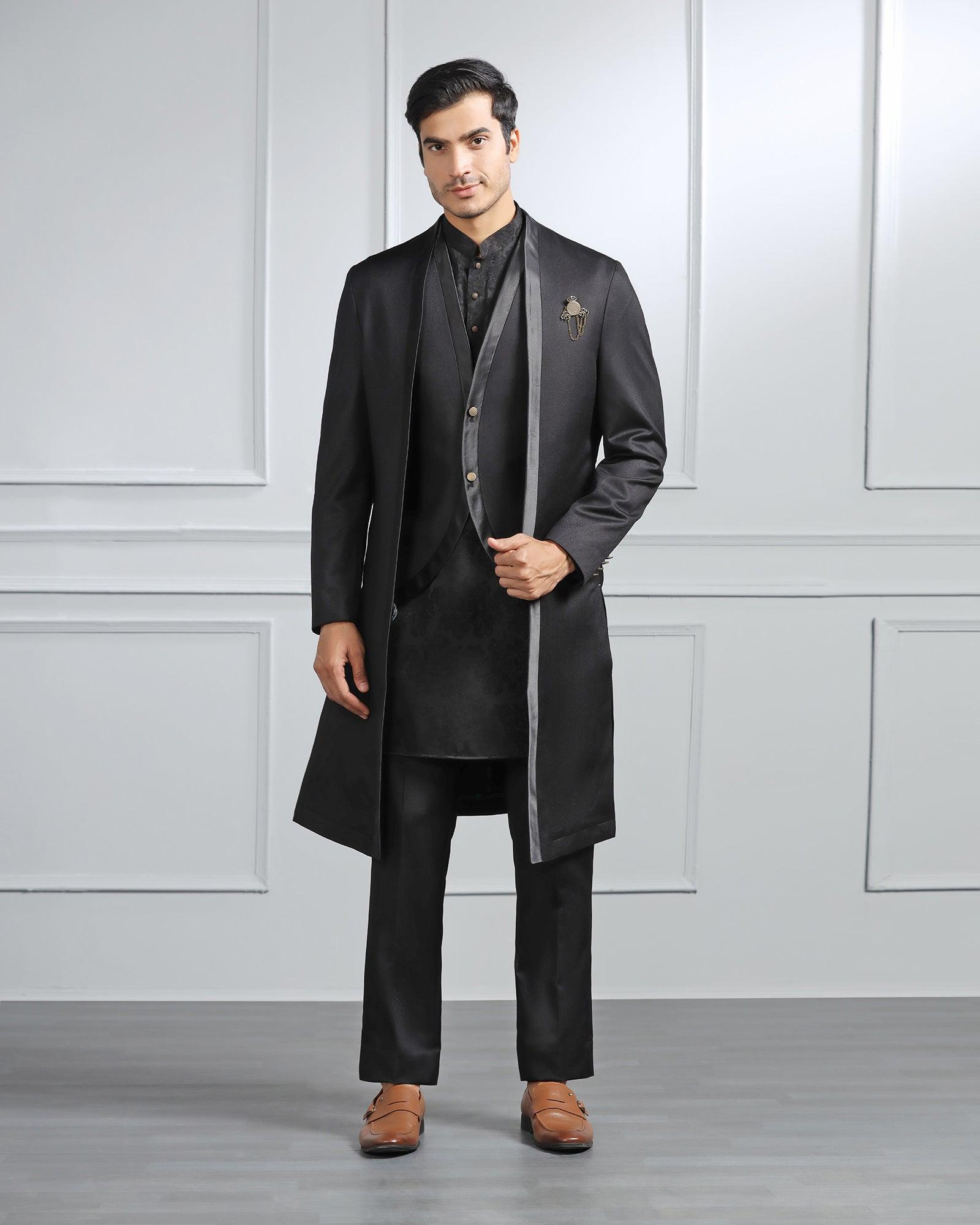 Swarn Multitude 6X Black Textured Achkan Set - Stapol - Blackberrys